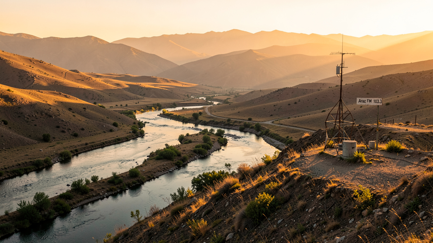 Golden hour view of the Araz river winding through Azerbaijani mountains with a hilltop tower reading Araz FM 103.3