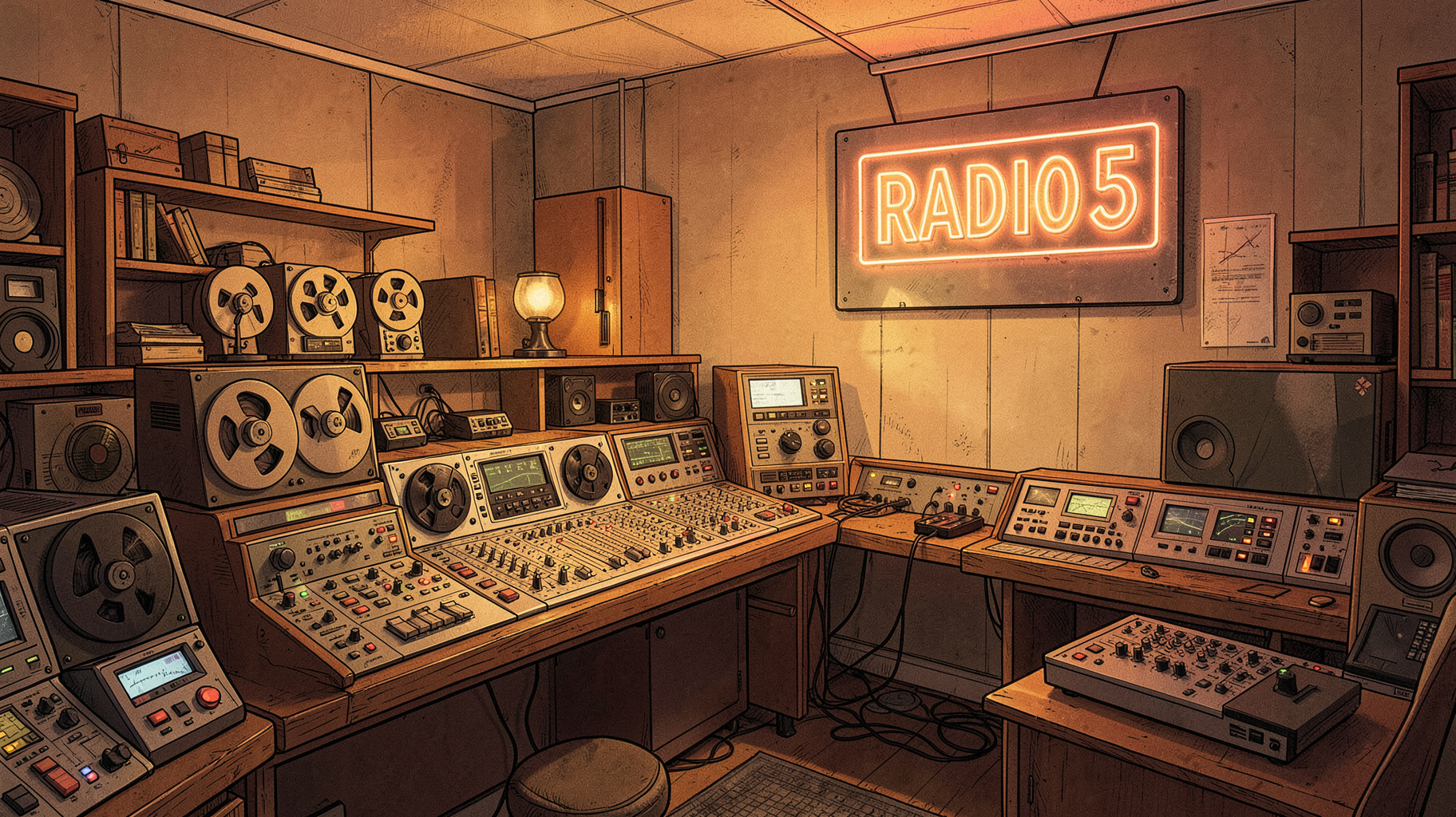 A vintage 1980s Dutch radio studio with reel-to-reel tape machines and a glowing Radio 5 sign