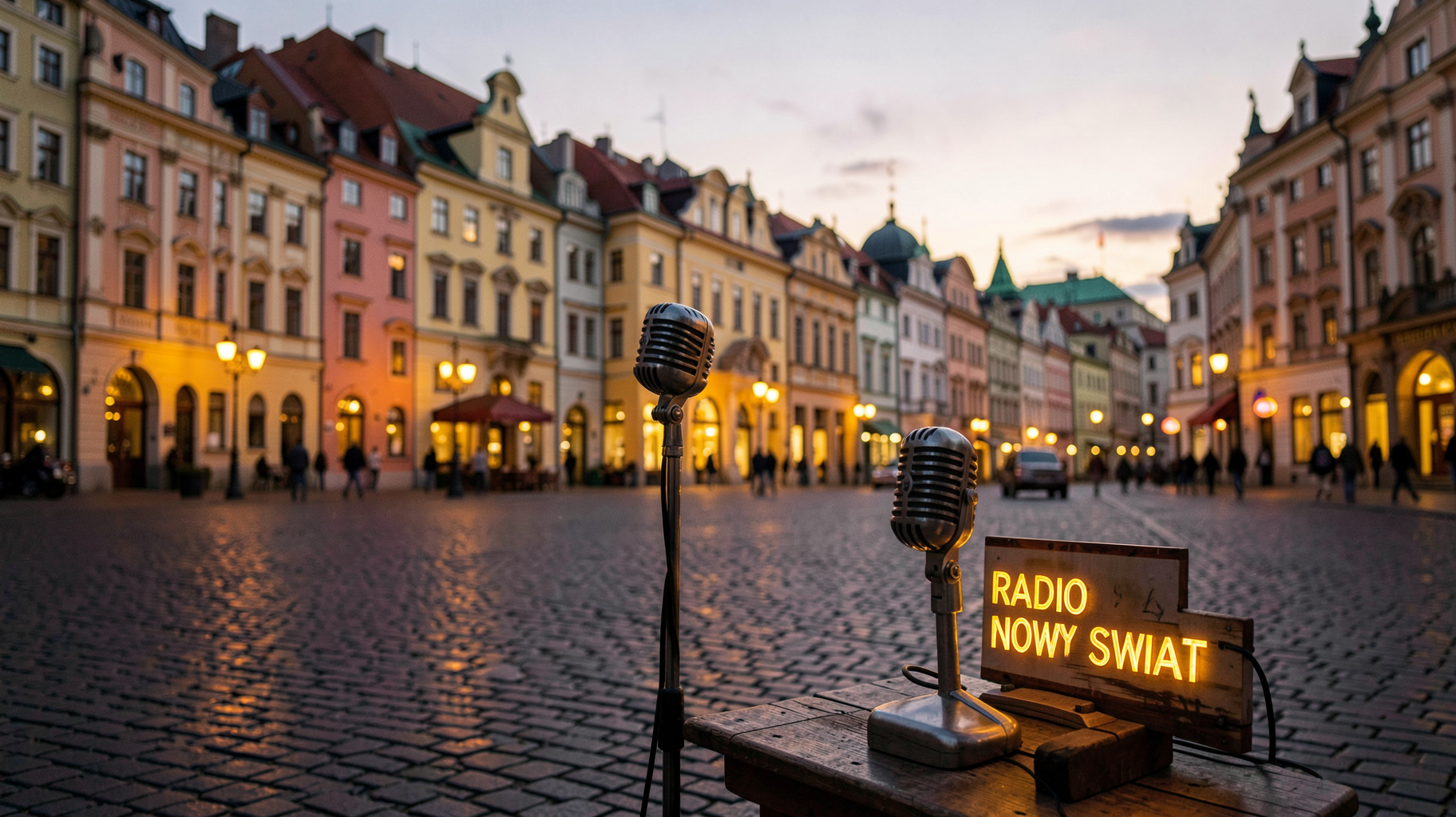 Warsaw Old Town at dusk with a vintage microphone and a Radio Nowy Świat sign