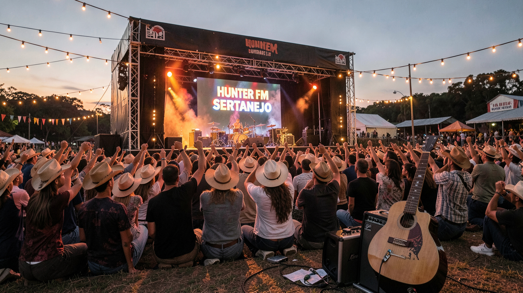 An outdoor sertanejo concert crowd at dusk with a glowing stage screen