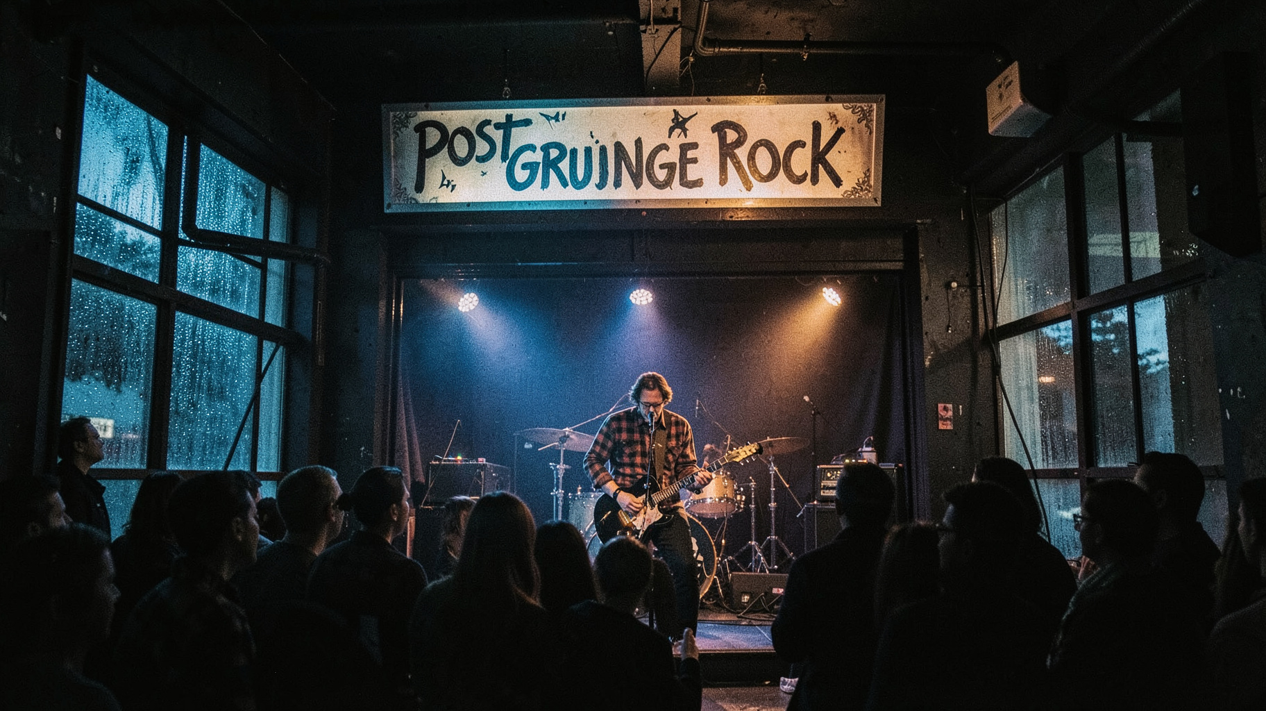 A gritty underground Pacific Northwest rock club at night with a marquee sign reading Post Grunge Rock