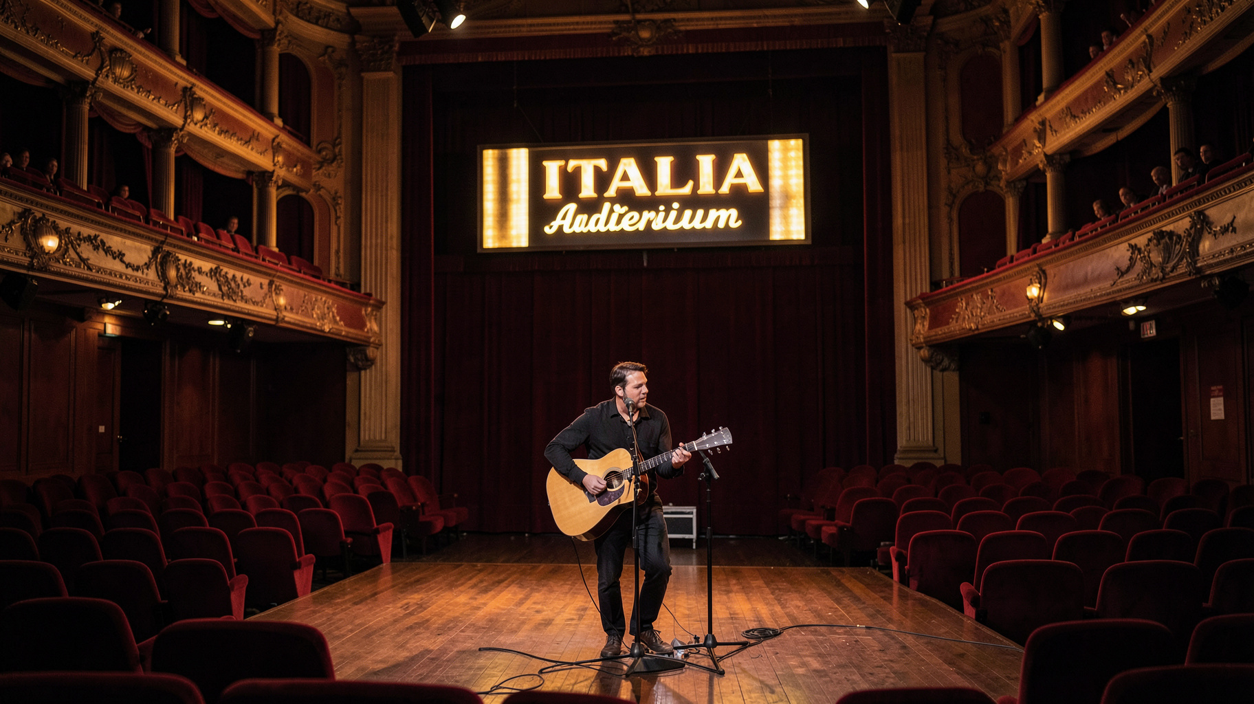 An elegant Italian auditorium with a guitarist performing under a sign reading ITALIA Auditorium