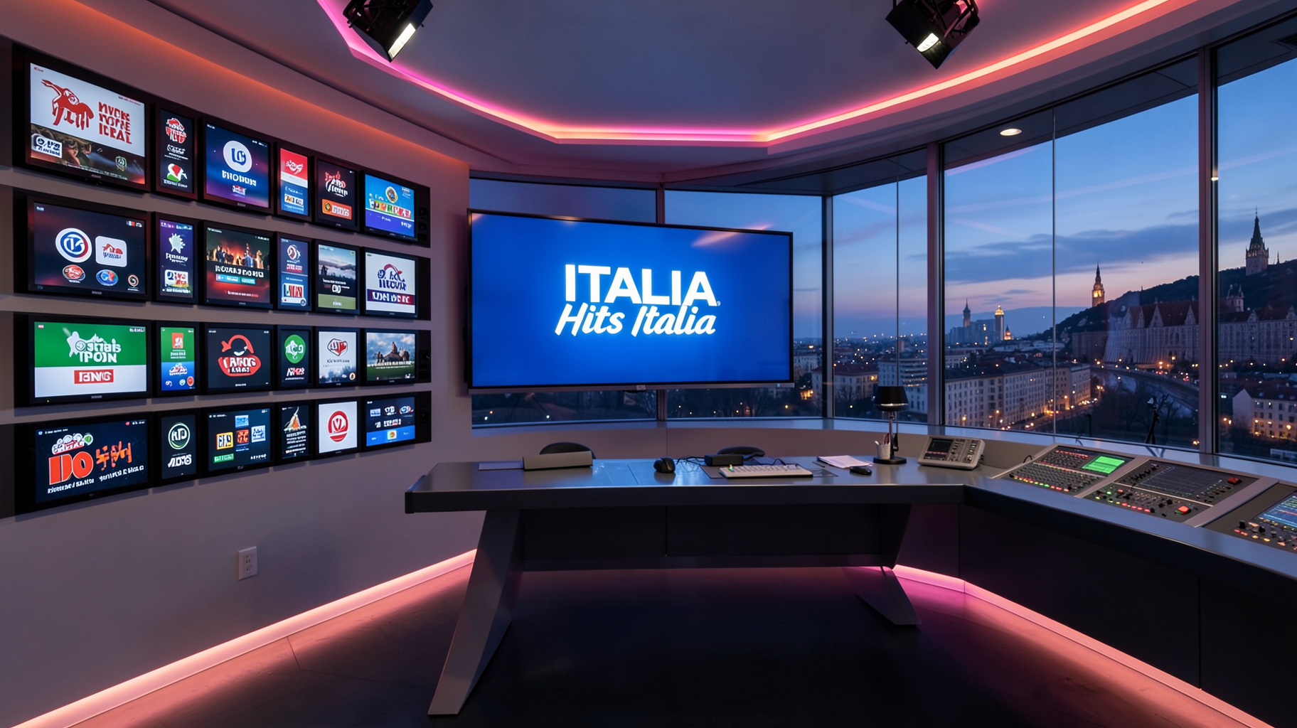 A modern broadcast control room with a wall of channel screens and a central screen reading ITALIA Hits Italia