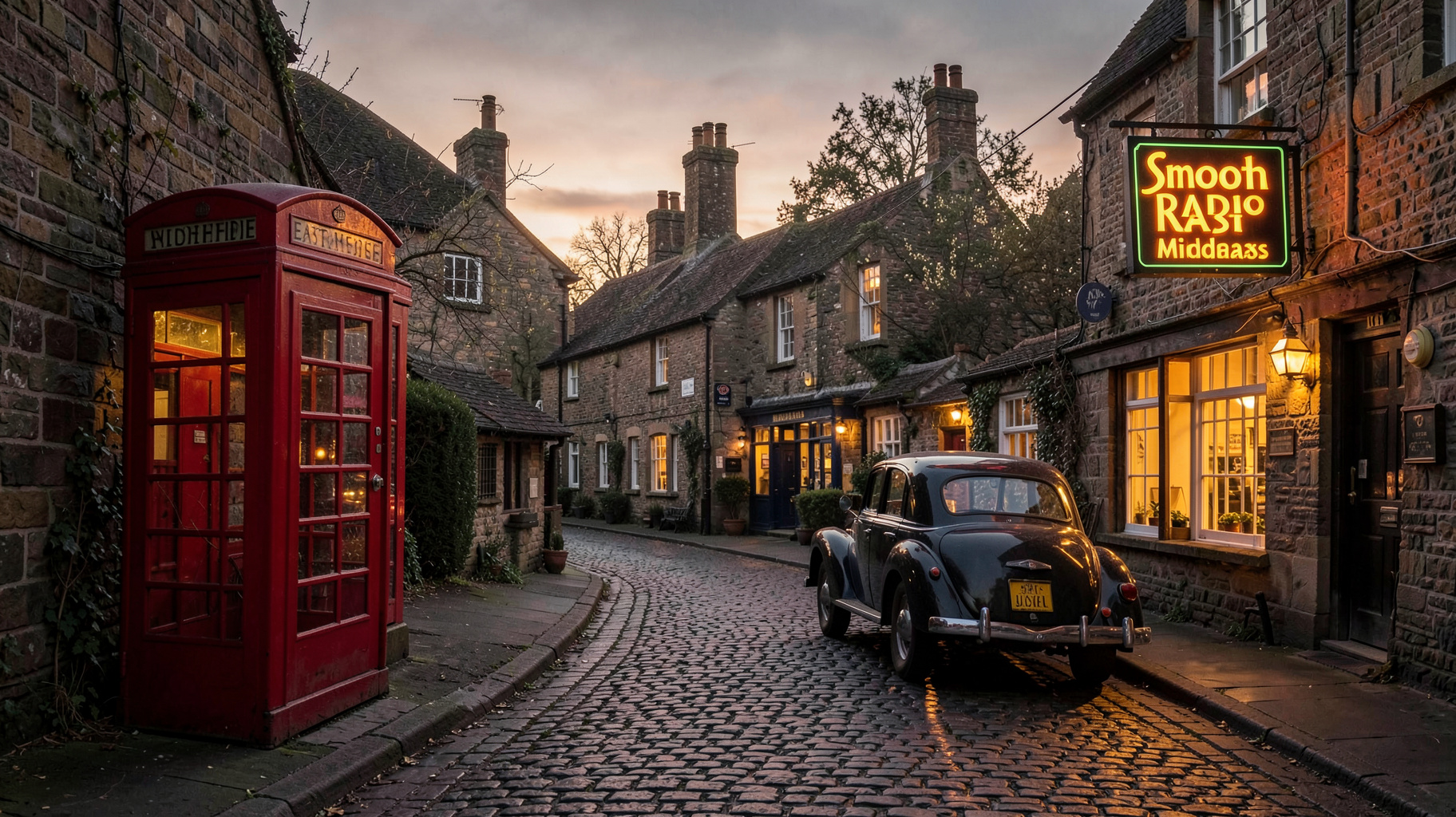 A relaxed Nottinghamshire village street at dusk with a sign reading Smooth Radio East Midlands