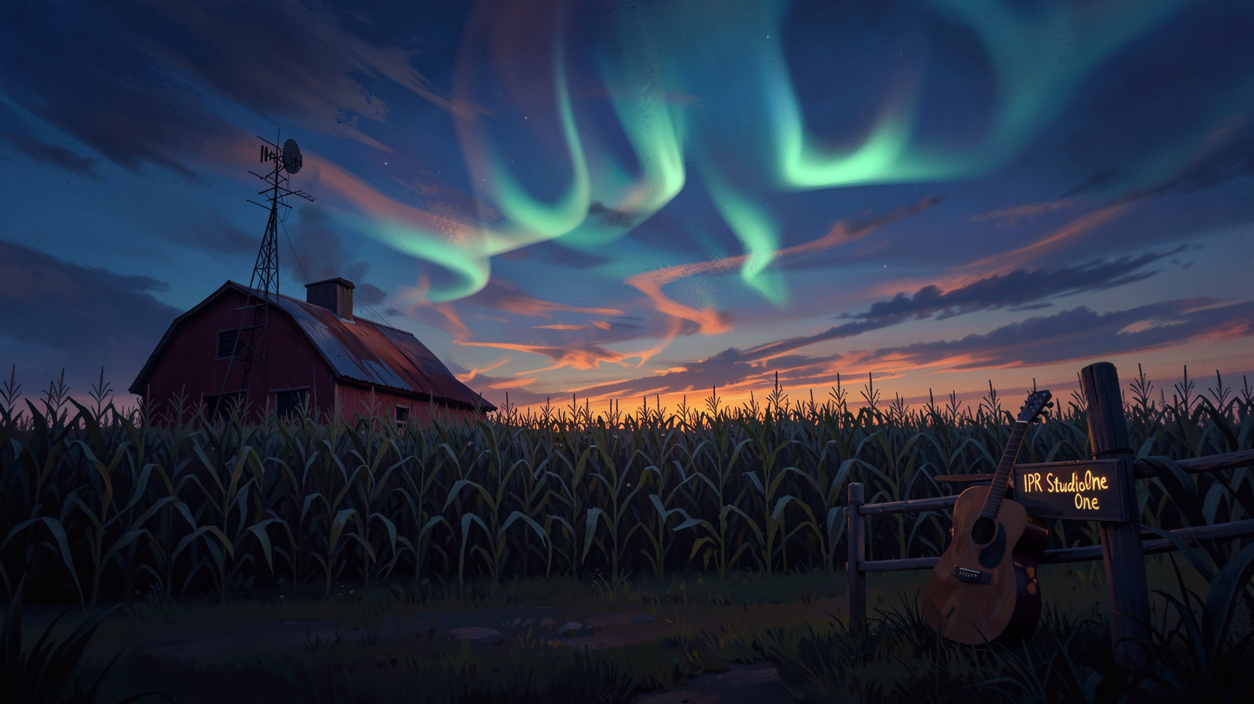 Iowa cornfields at dusk with glowing sound waves in the sky and a small sign reading IPR Studio One