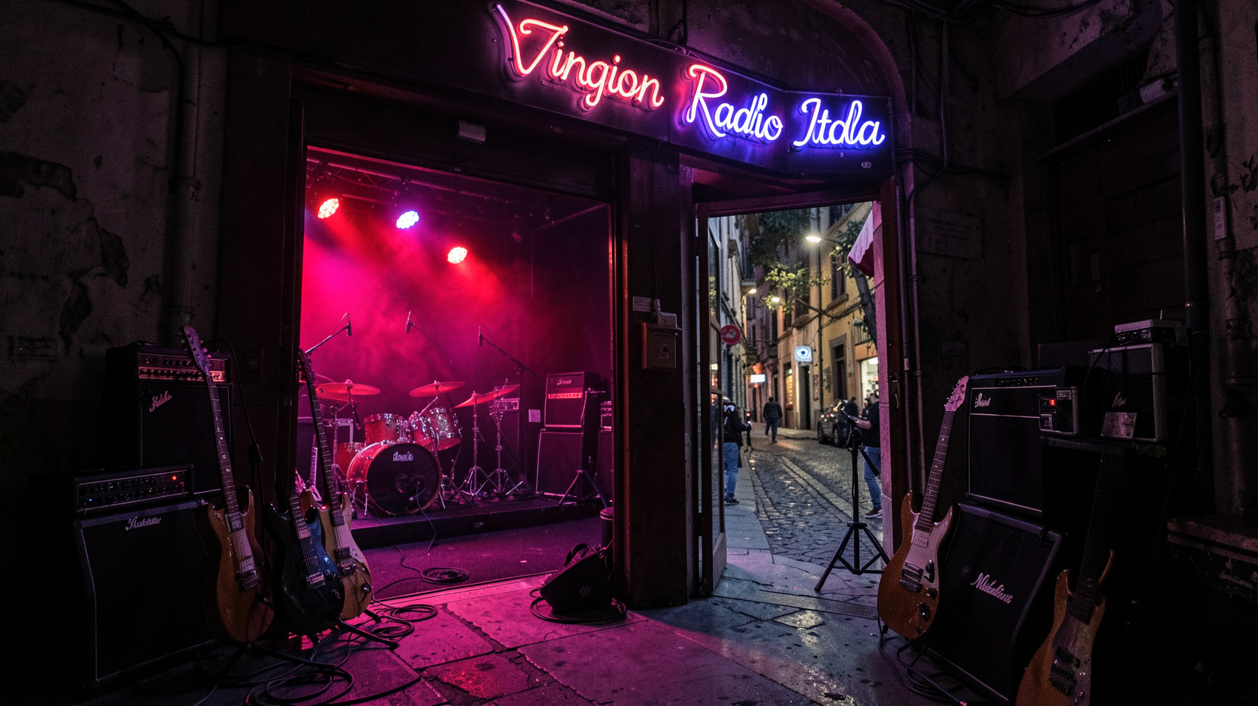 A moody Milan rock club at night with a neon sign reading Virgin Radio Italia above the entrance