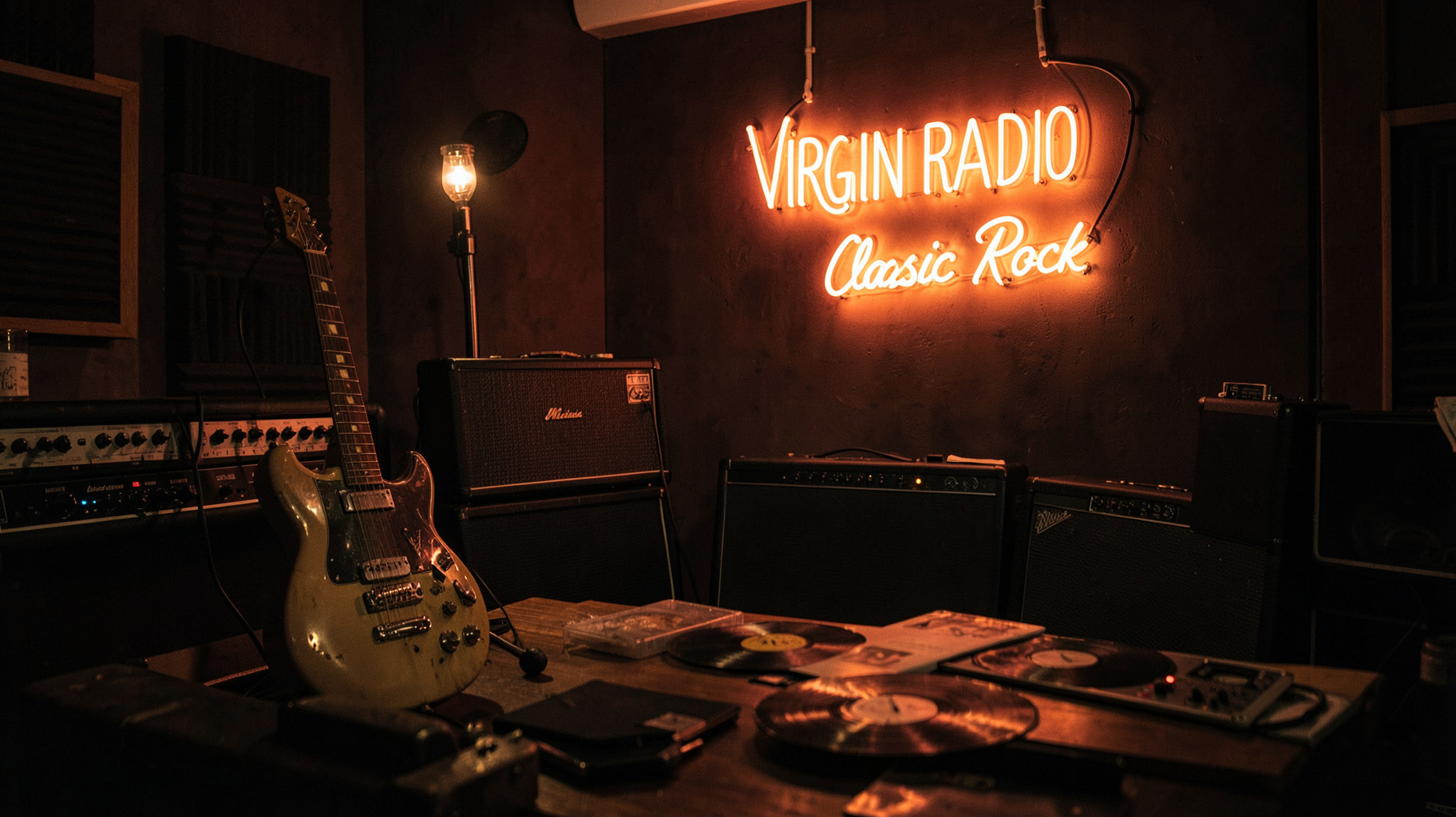 A vintage Milan recording studio with a guitar, amplifier, and a neon sign reading Virgin Radio Classic Rock