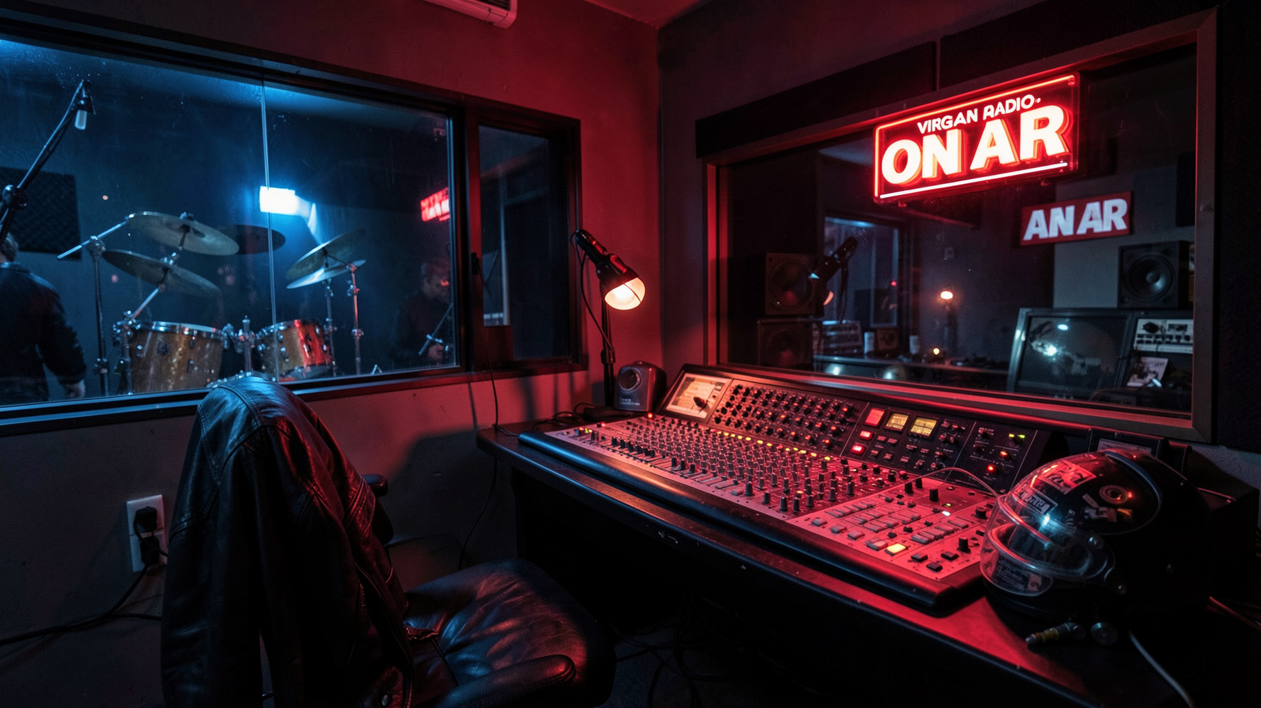 A late-night Milan radio broadcast booth with a motorcycle helmet on the desk and a sign reading Virgin Radio Rock Party