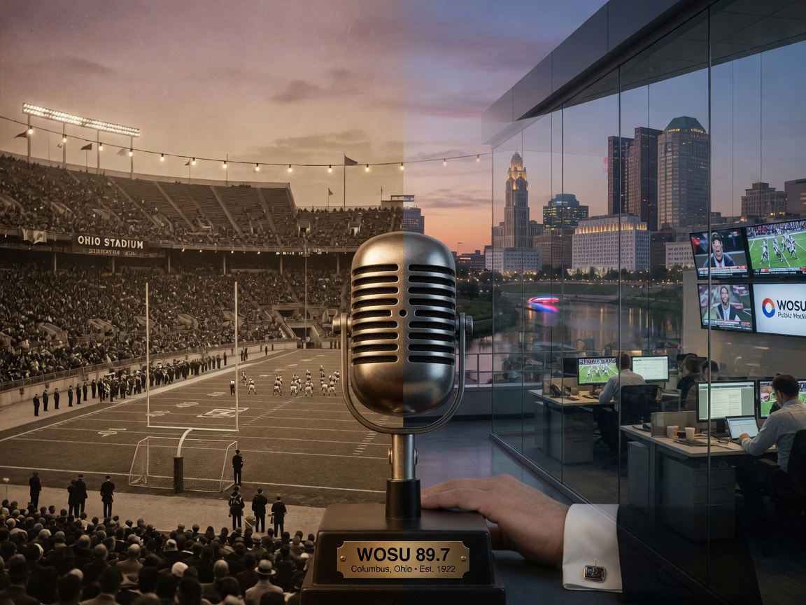 A vintage Ohio Stadium football field at dusk blending into a modern glass newsroom, an old ribbon microphone with a plaque reading WOSU 89.7 and the Columbus skyline in the background