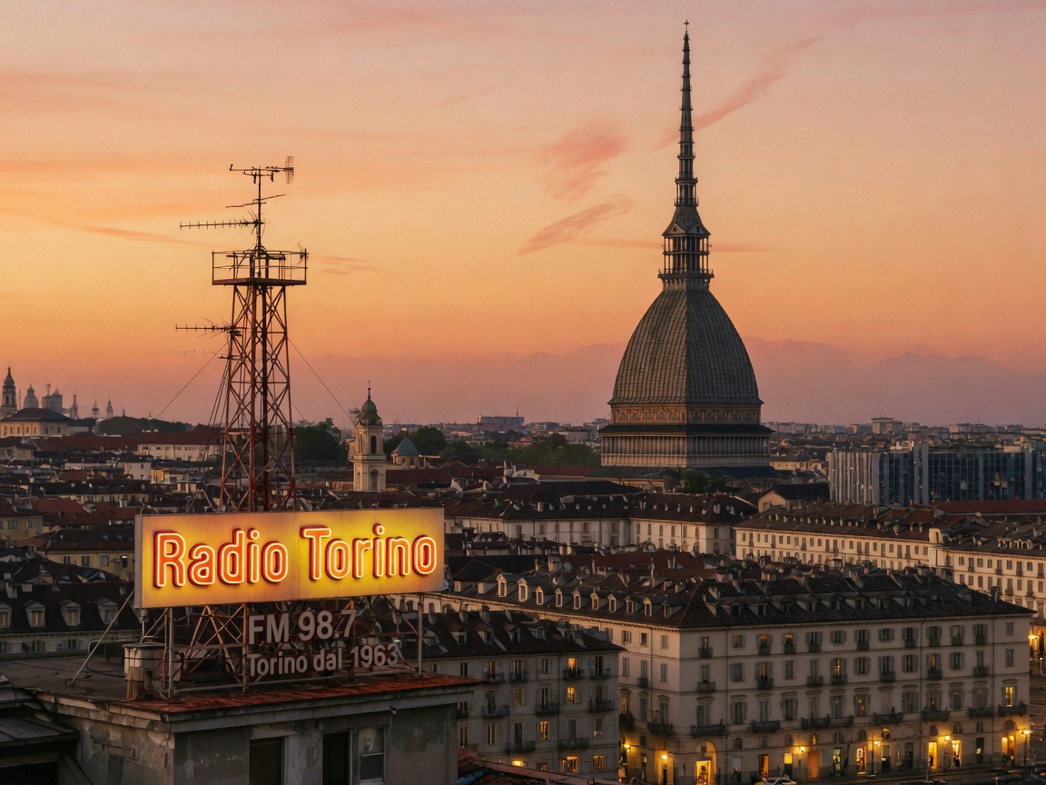 Turin's skyline at golden hour with a sign reading Radio Torino, inspired by Radio Torino