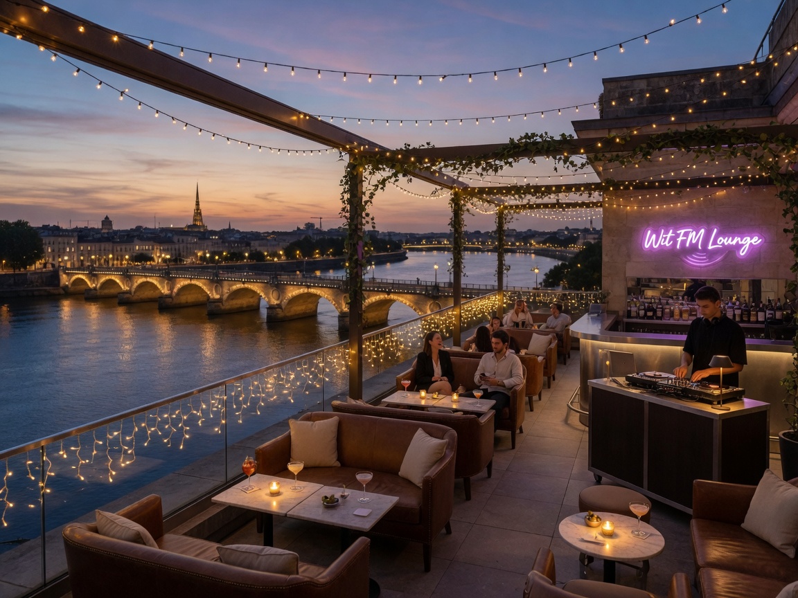 A sophisticated rooftop lounge bar overlooking the Garonne river in Bordeaux, France