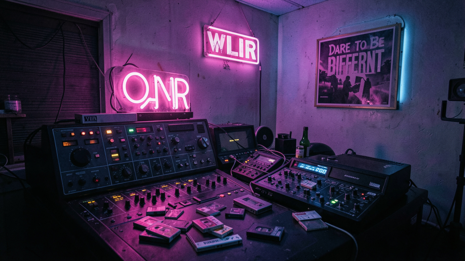 A nostalgic 1980s new wave radio studio on Long Island with a sign reading WLIR