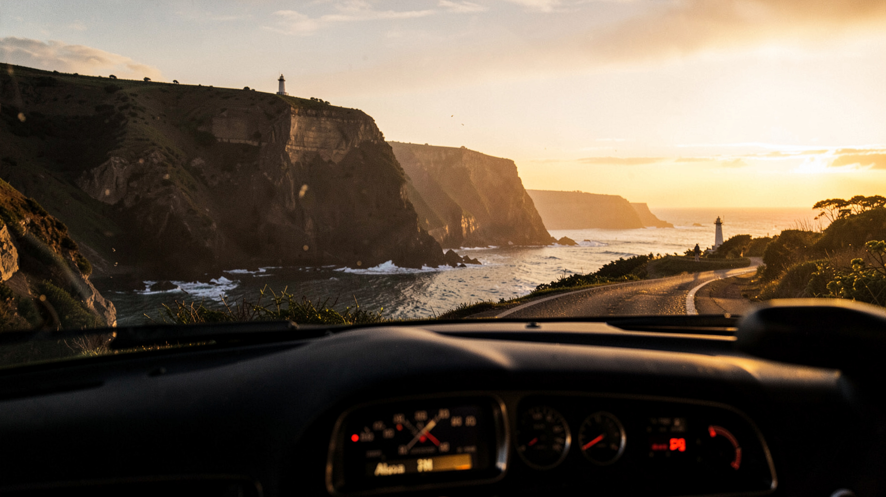The Garden Route coastline near Port Elizabeth at golden hour with a car radio dial reading Algoa FM