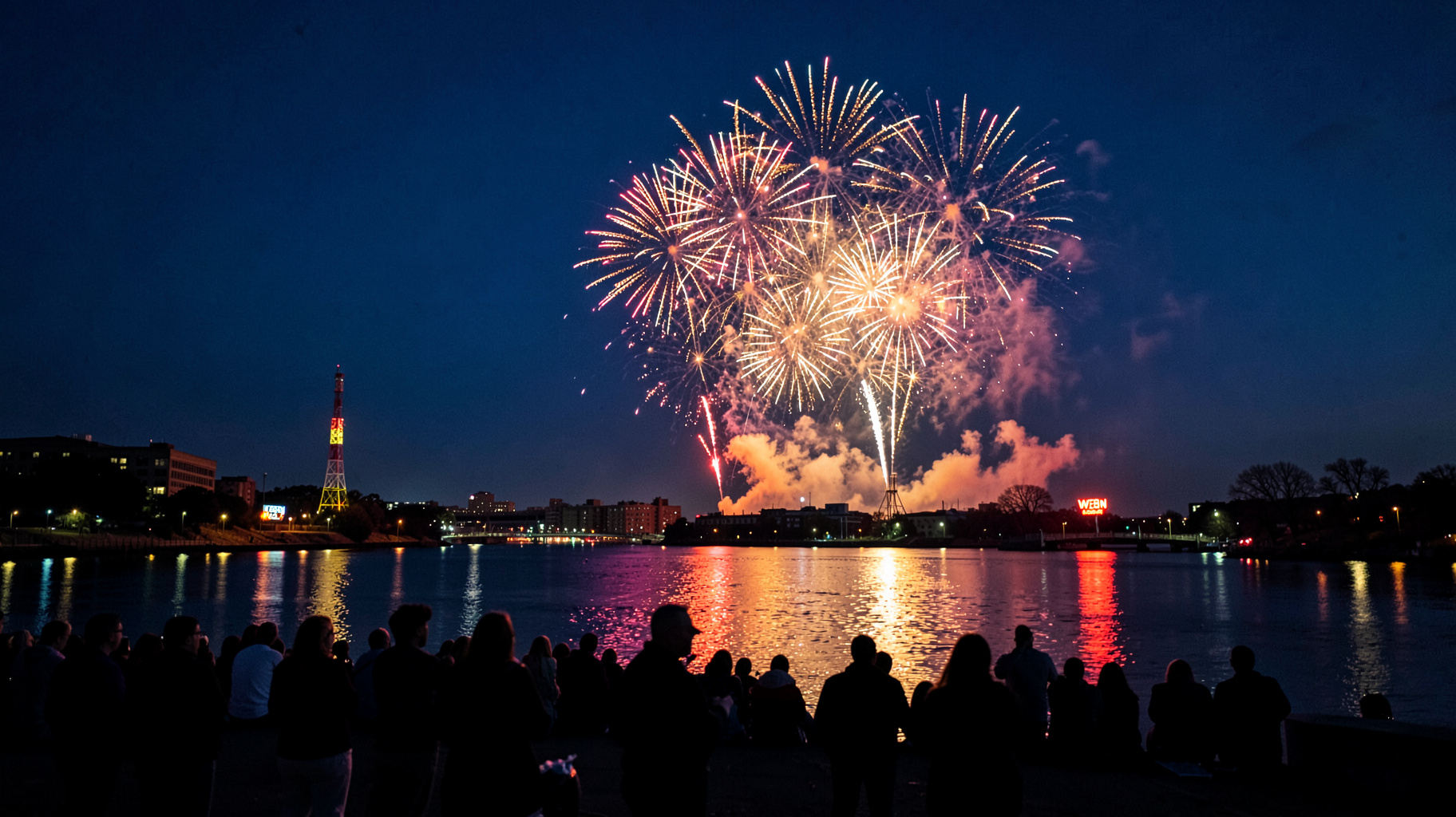 Fireworks over the Ohio River in Cincinnati with a WEBN radio tower in the background