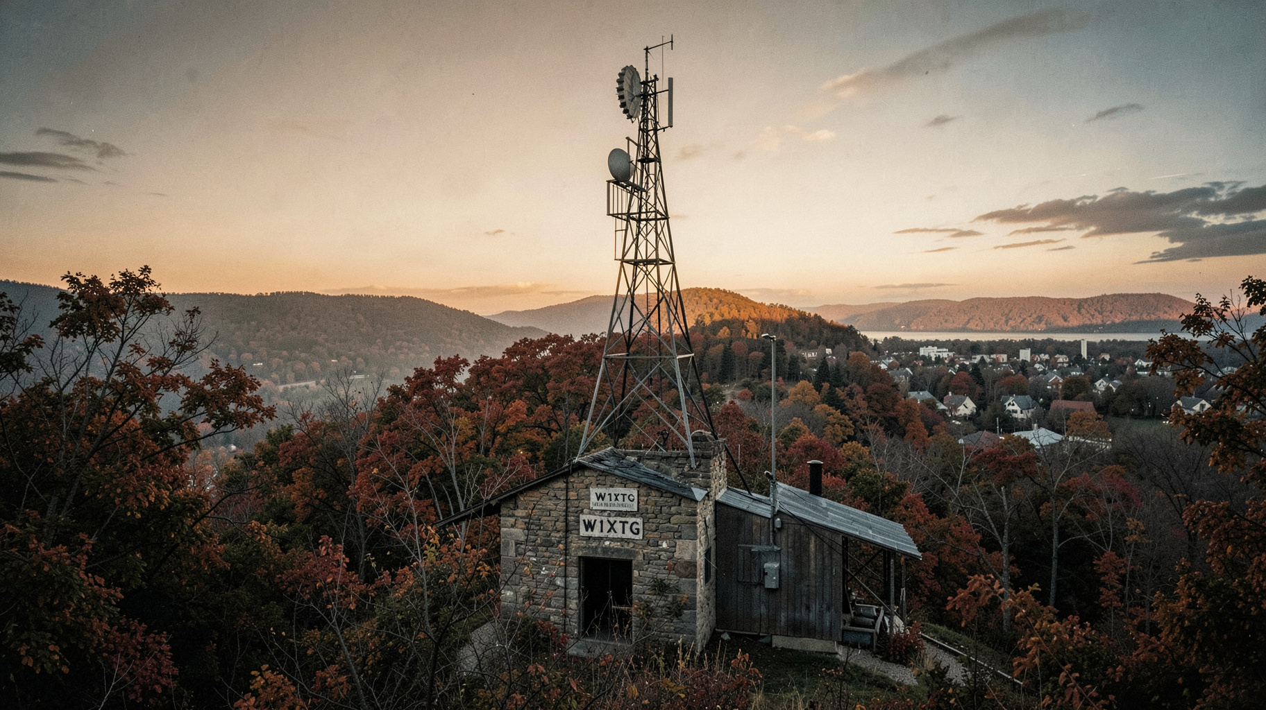 A vintage 1940s FM radio transmission tower atop a wooded New England hill with a weathered sign reading W1XTG overlooking Worcester, Massachusetts