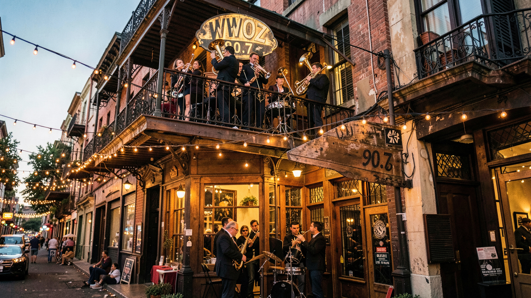 A New Orleans French Quarter street scene at dusk with a brass band and a sign reading WWOZ 90.7