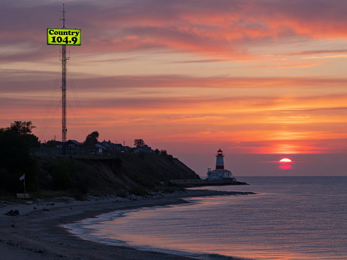 Sunset over Lake Huron with a small-town radio tower in Goderich, Ontario, inspired by CHWC 104.9