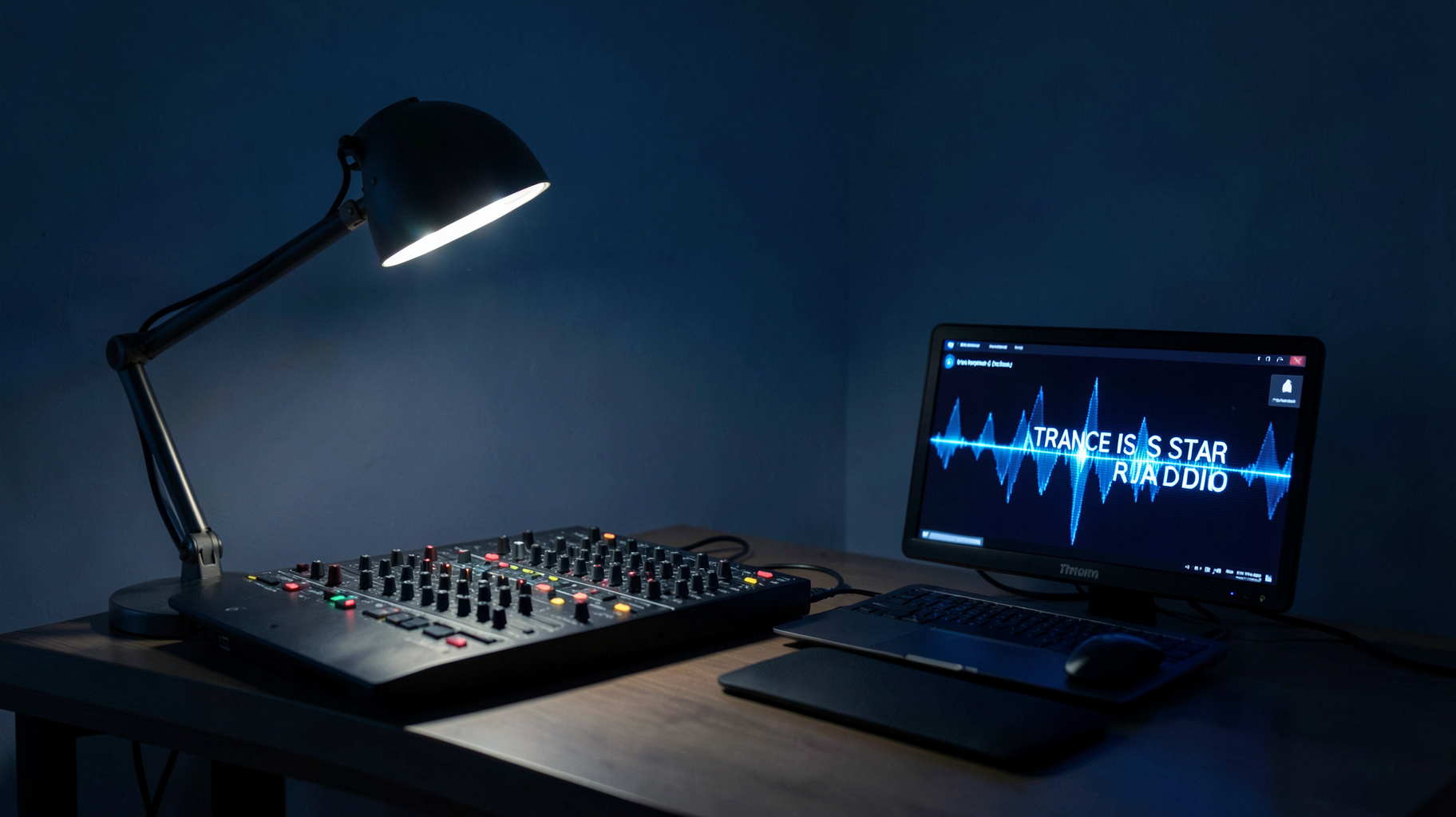 A minimalist home broadcast setup at night with a monitor displaying Trance Is Star Radio