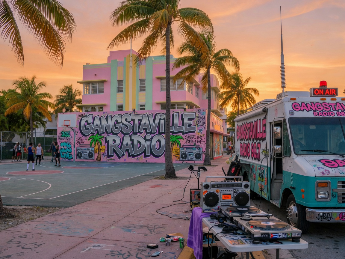 Vibrant Miami street scene with a mobile radio van and a Gangstaville Radio mural