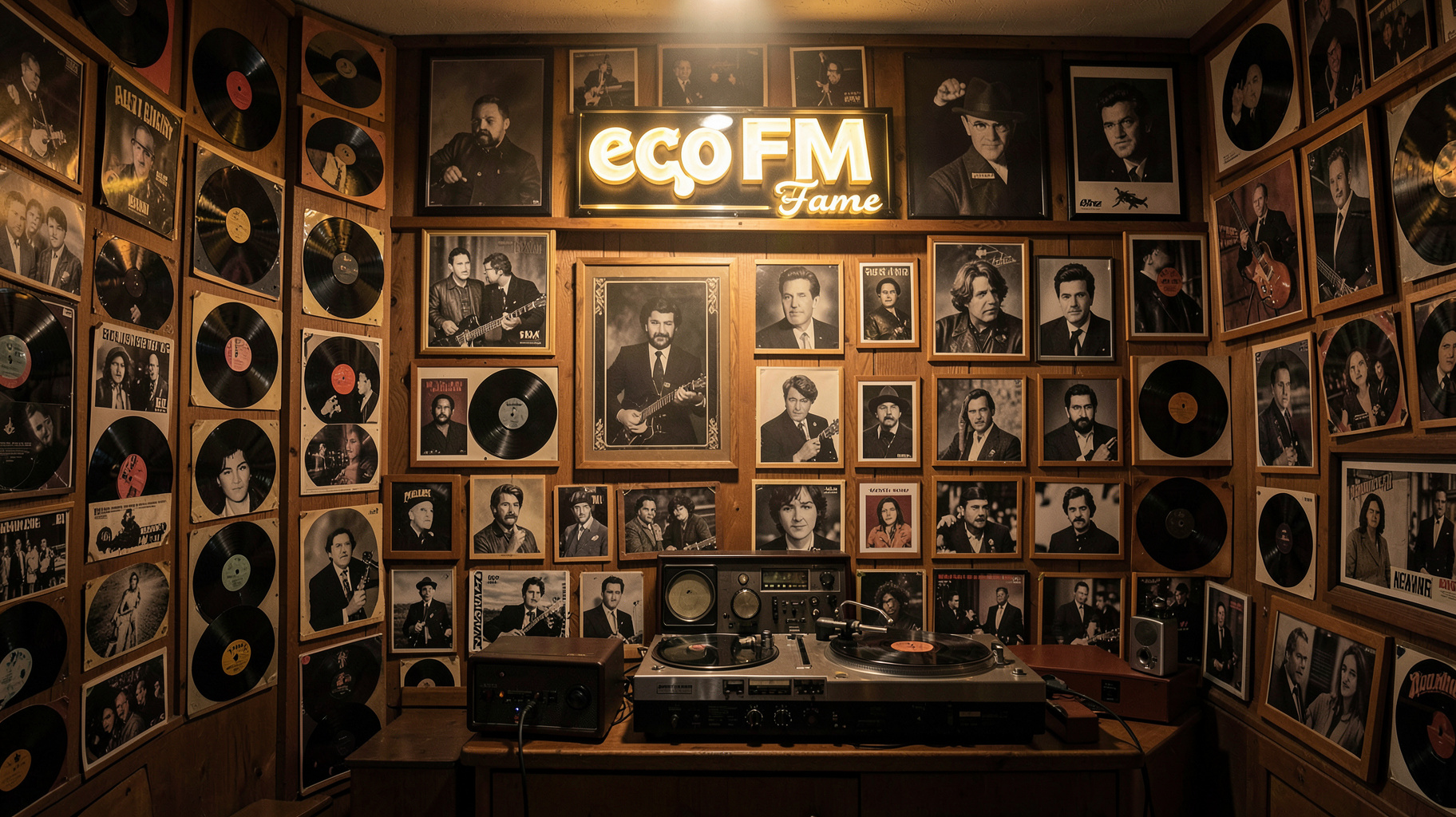 A retro Bavarian radio studio wall covered with vinyl records and photos of classic rock legends under a glowing egoFM Fame sign