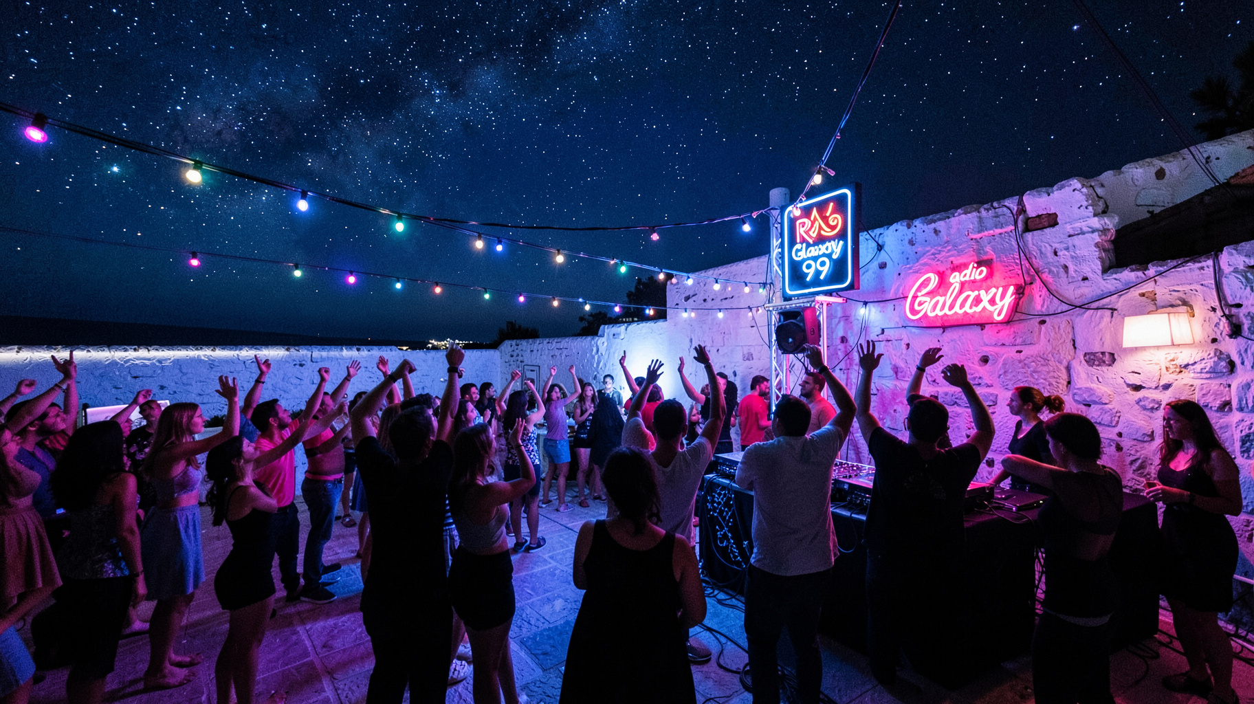 An open-air dance club terrace on Rhodes at night with a neon sign reading Radio Galaxy 99 above the DJ booth