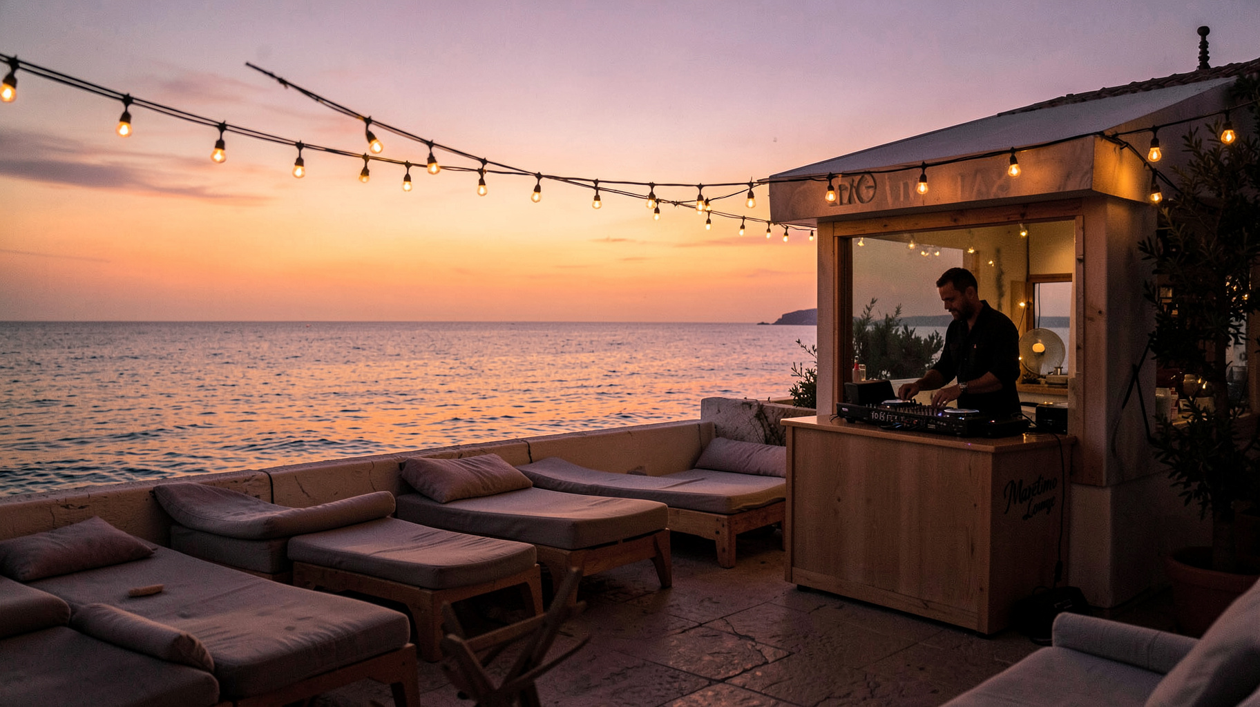 A serene sunset lounge terrace overlooking the sea with a DJ booth sign reading Maretimo Lounge