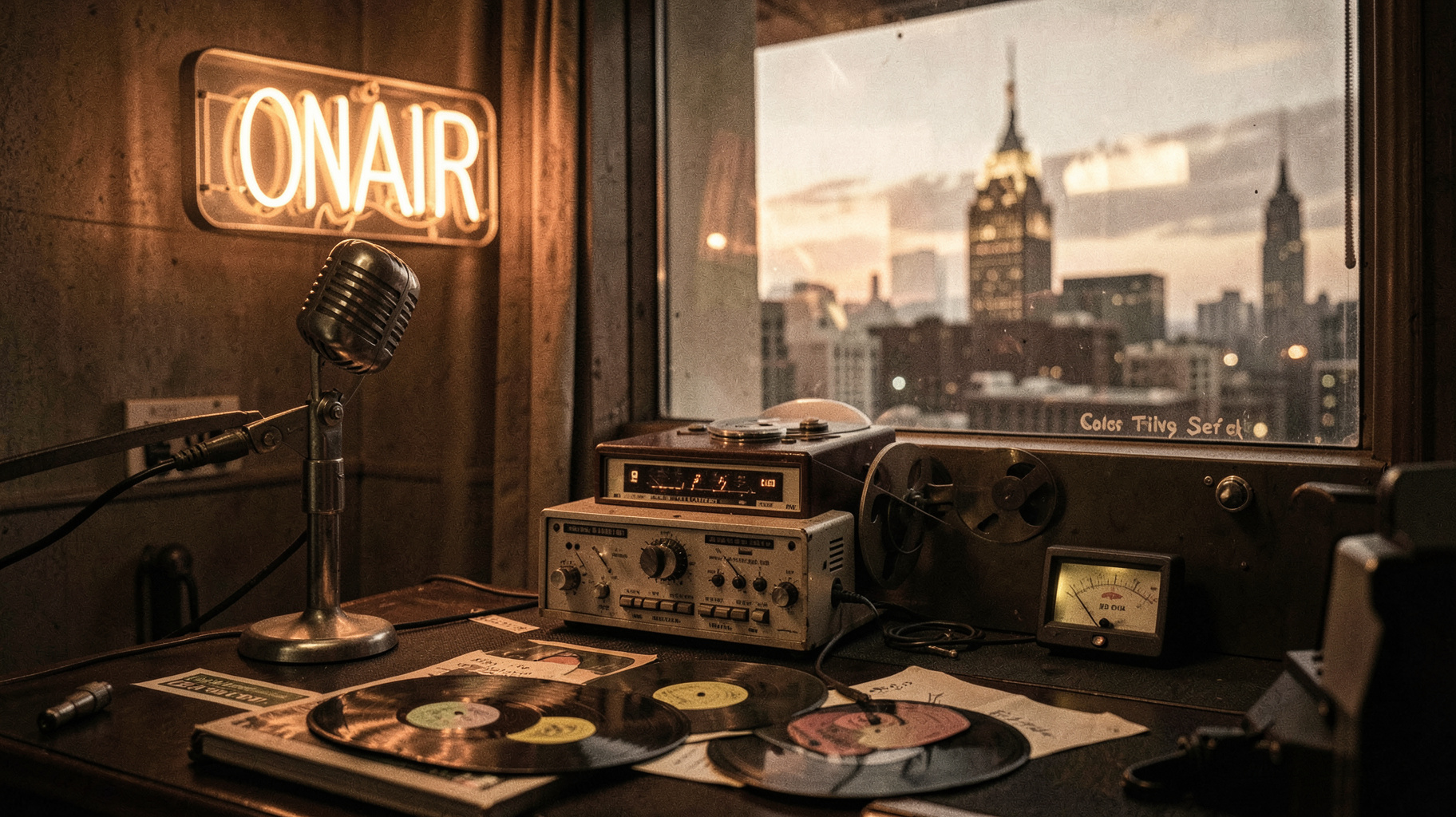 A vintage 1960s New York radio studio with a glowing on air sign and an analog dial reading Classic Oldies New York