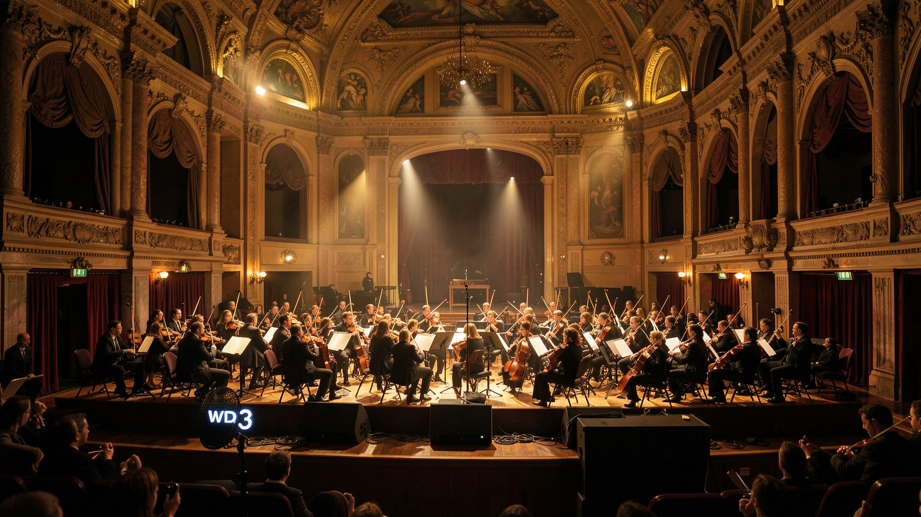 An elegant classical concert hall in Cologne with an orchestra performing under warm stage lighting