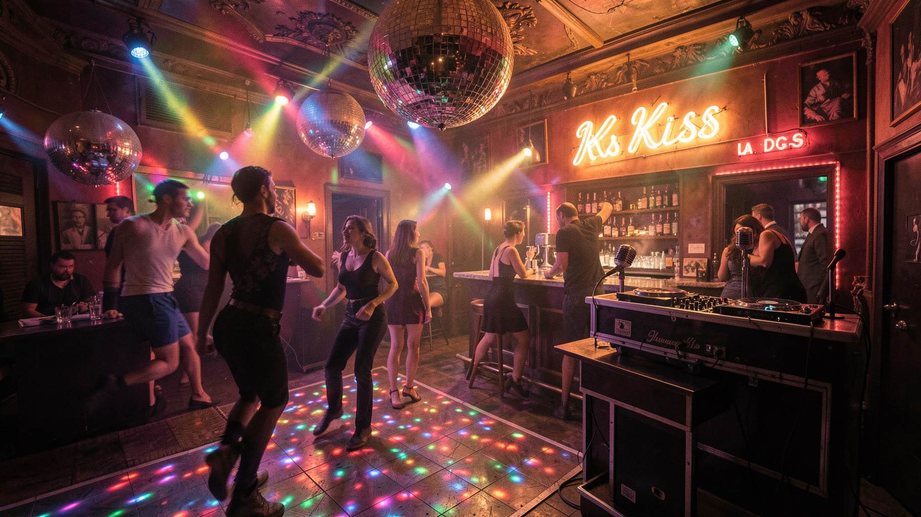 A retro 1970s disco interior in Naples with a glowing Kiss Kiss sign
