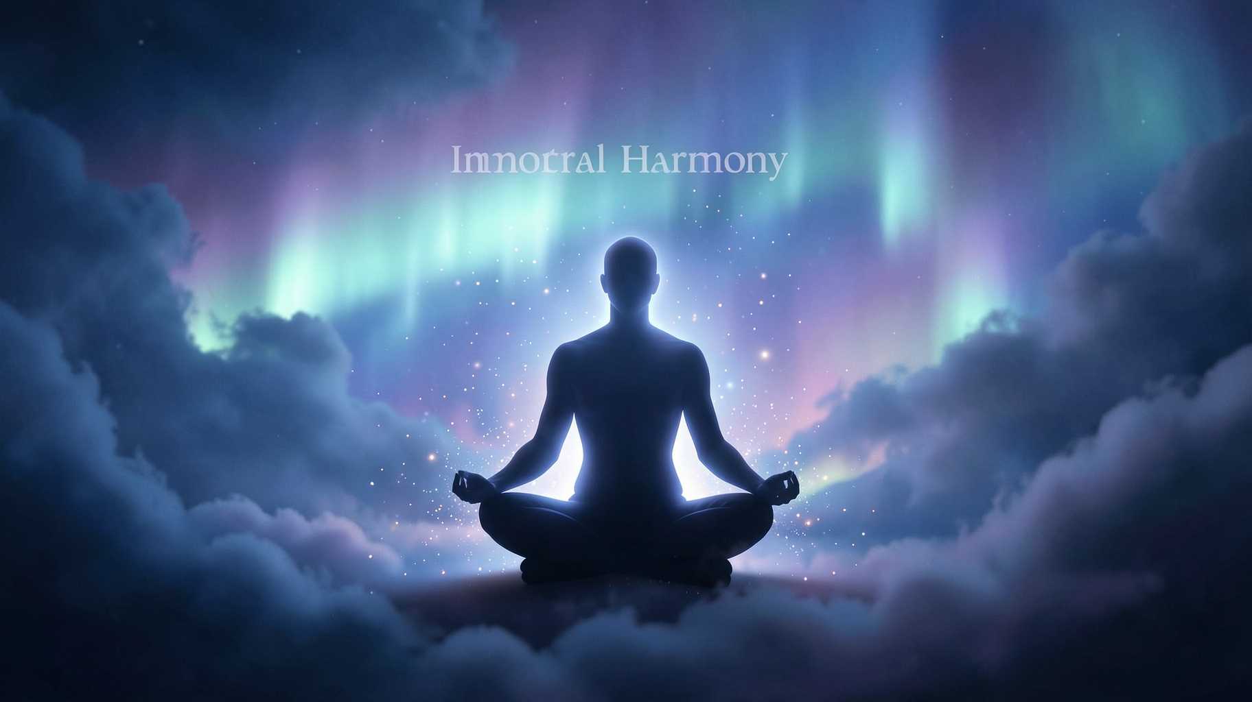 An ethereal cosmic soundscape with a meditating silhouette surrounded by drifting light, evoking Immortal Harmony's ambient music