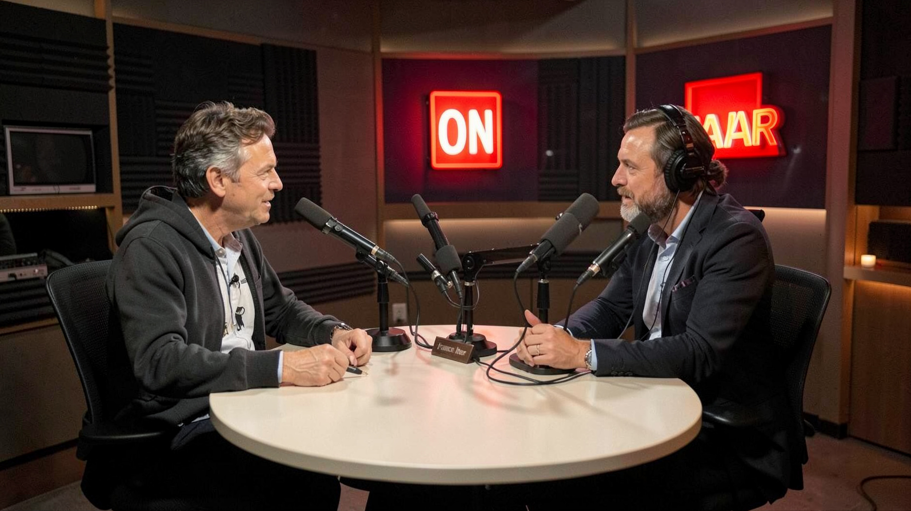 A France Inter talk radio studio with a host interviewing a guest