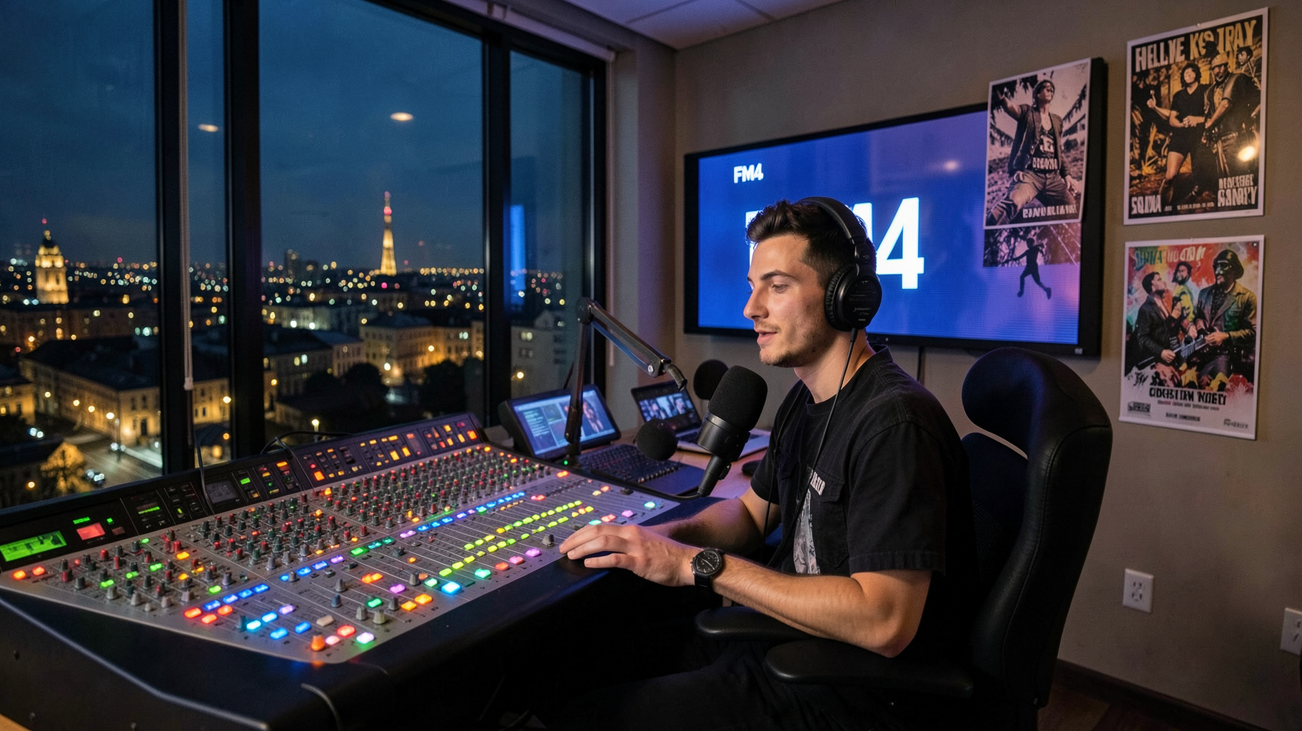 A modern Vienna radio studio at night with a host on air beneath a glowing FM4 display