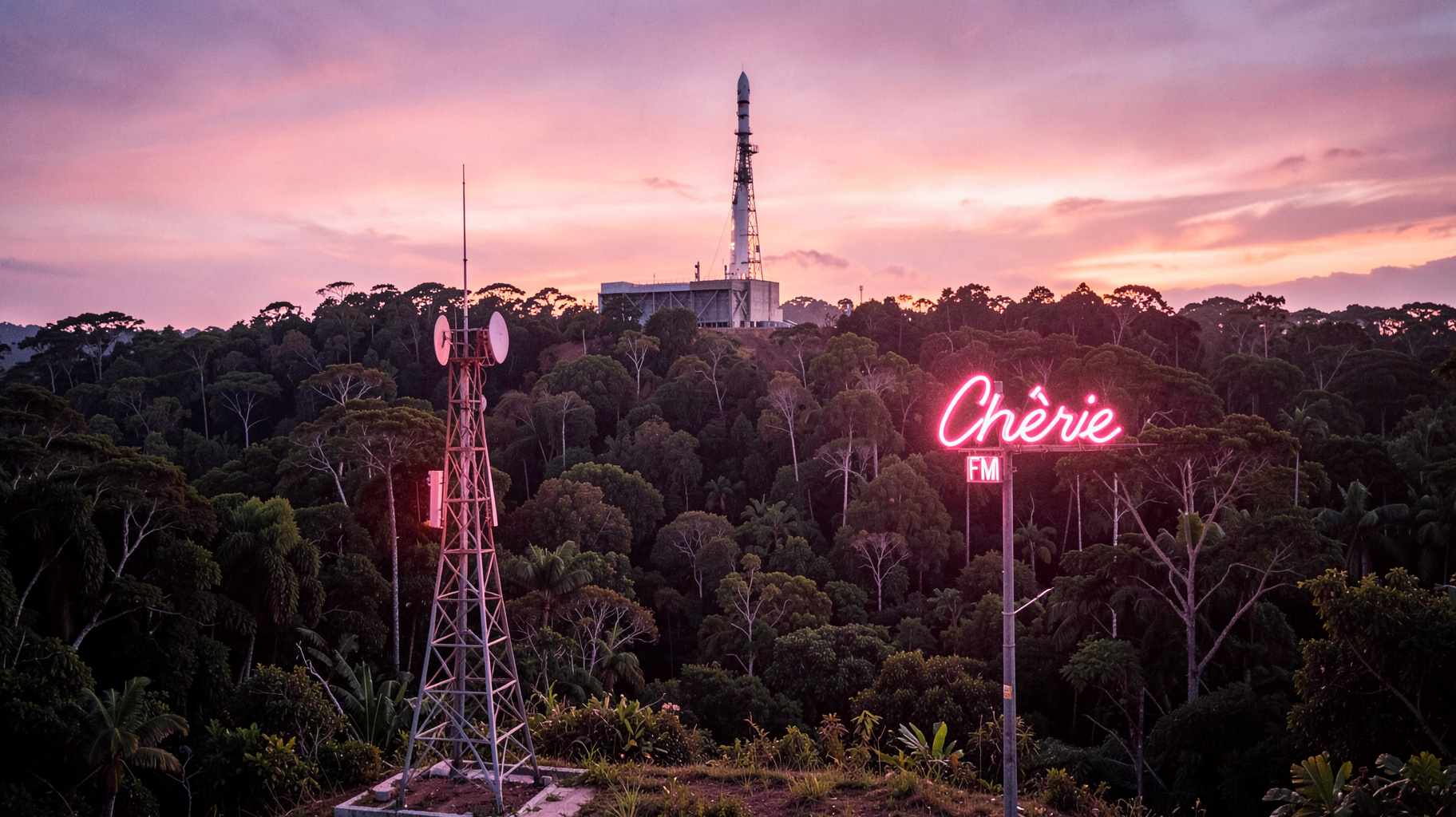 A rocket launch pad rising from the rainforest in French Guiana with a glowing Chérie FM sign