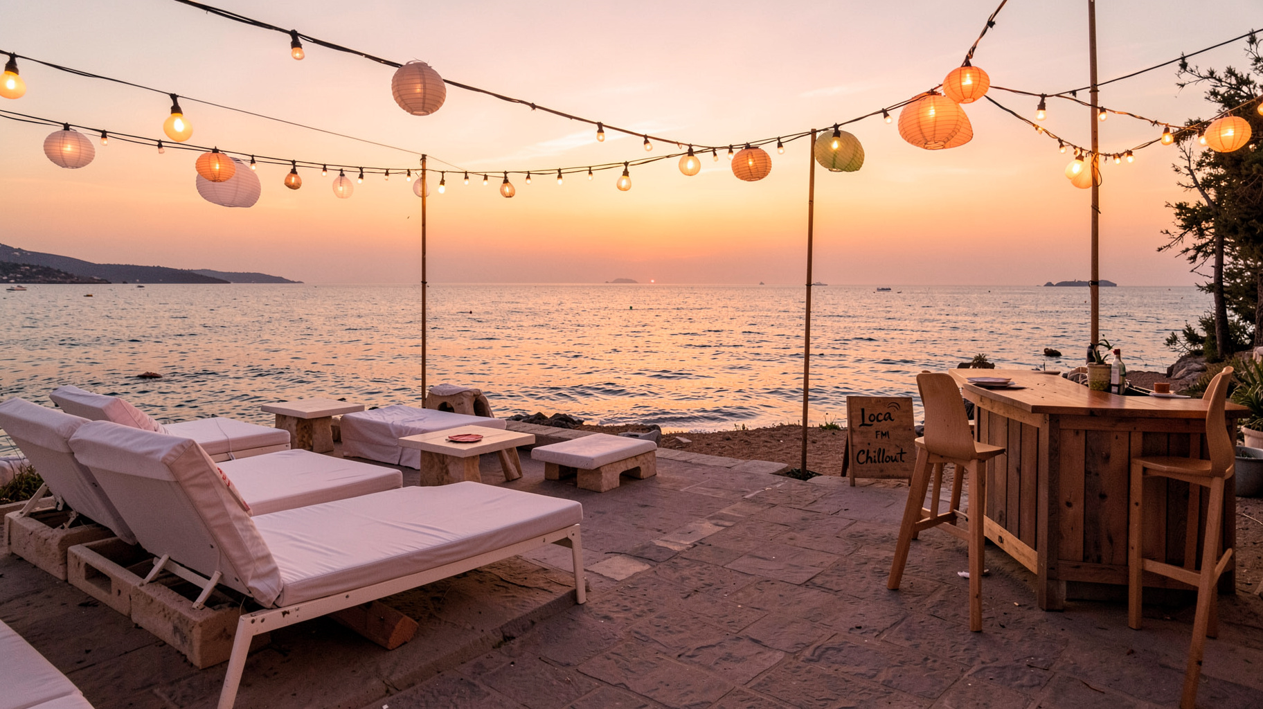 A Spanish beach lounge terrace at sunset with a wooden sign reading Loca FM Chillout