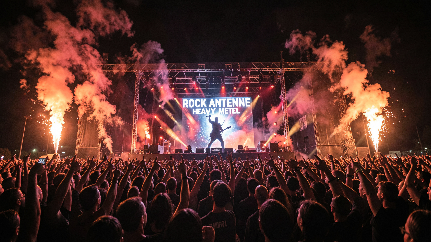 A massive heavy metal festival crowd at night with pyrotechnics and a stage screen reading ROCK ANTENNE HEAVY METAL