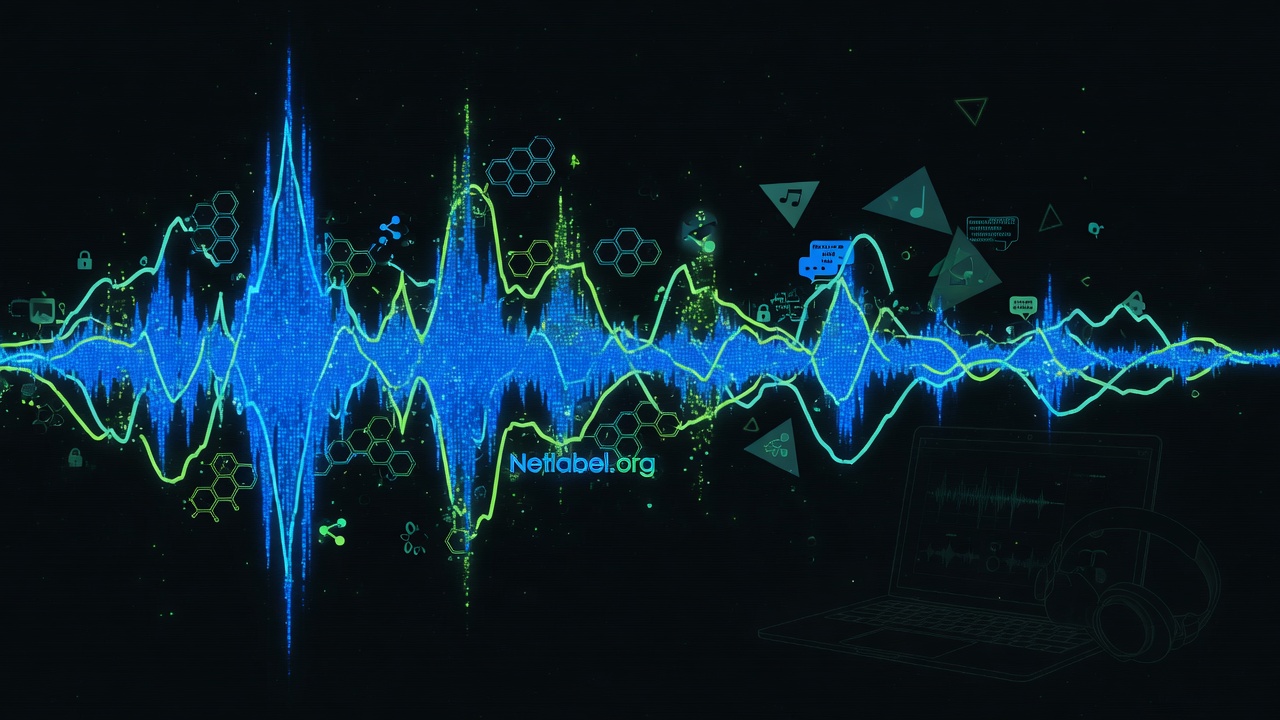 An abstract electronic soundwave visualization reading Netlabel.org, inspired by Netlabel.org radio