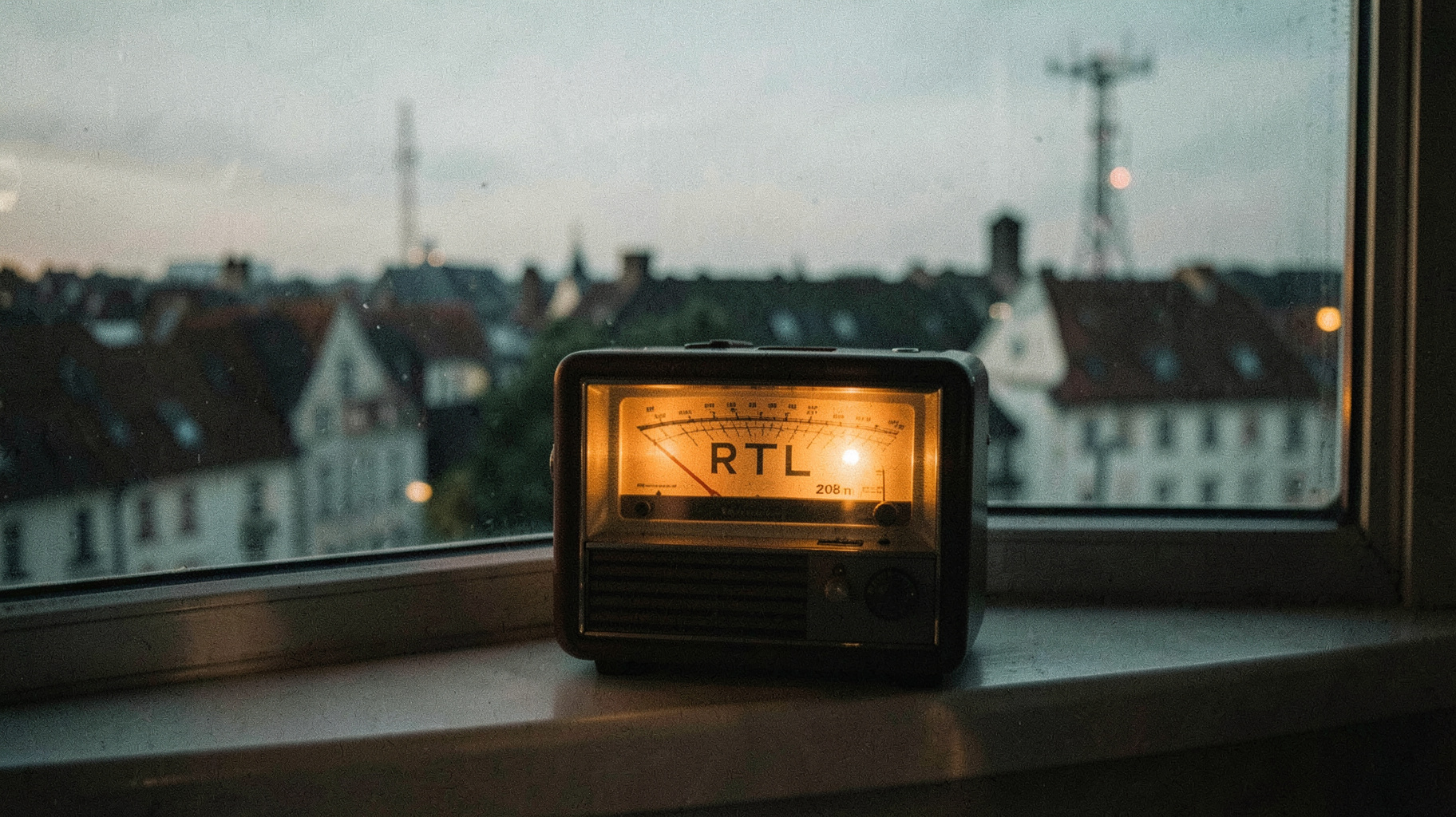 Vintage tube radio glowing with RTL dial overlooking Luxembourg City at dusk