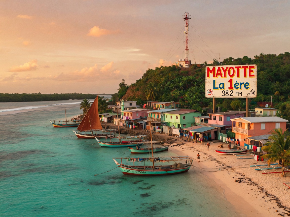 A turquoise lagoon in Mayotte with a radio tower on a hillside village, inspired by Mayotte La 1ère