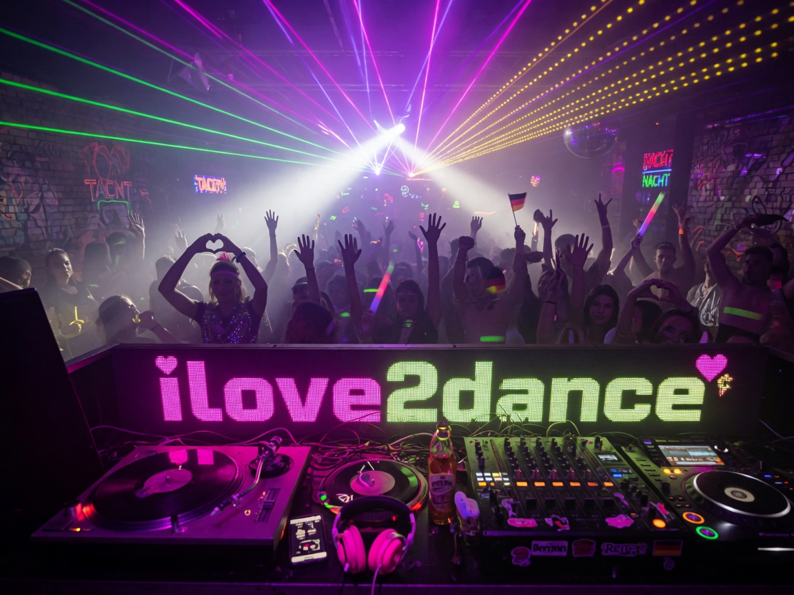A German nightclub DJ booth with laser lights and a screen reading ilove2dance