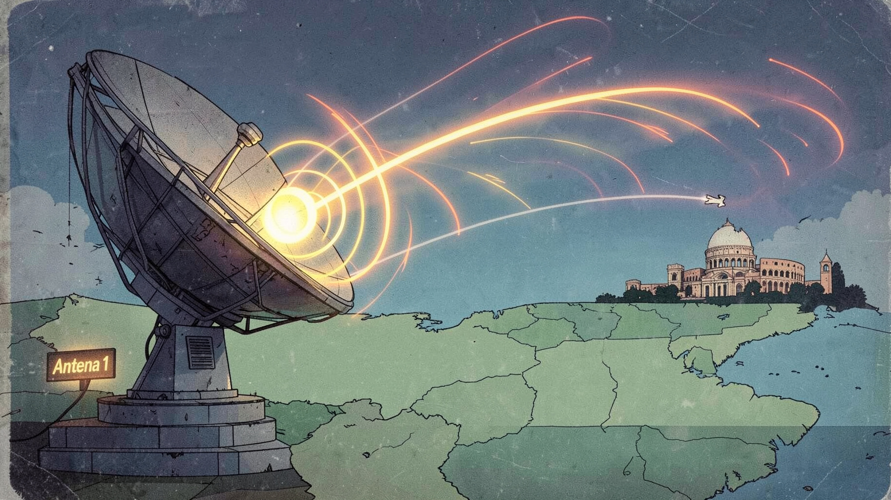 A satellite dish beaming glowing radio waves across a map of Brazil toward Rome Italy, with an Antena 1 sign