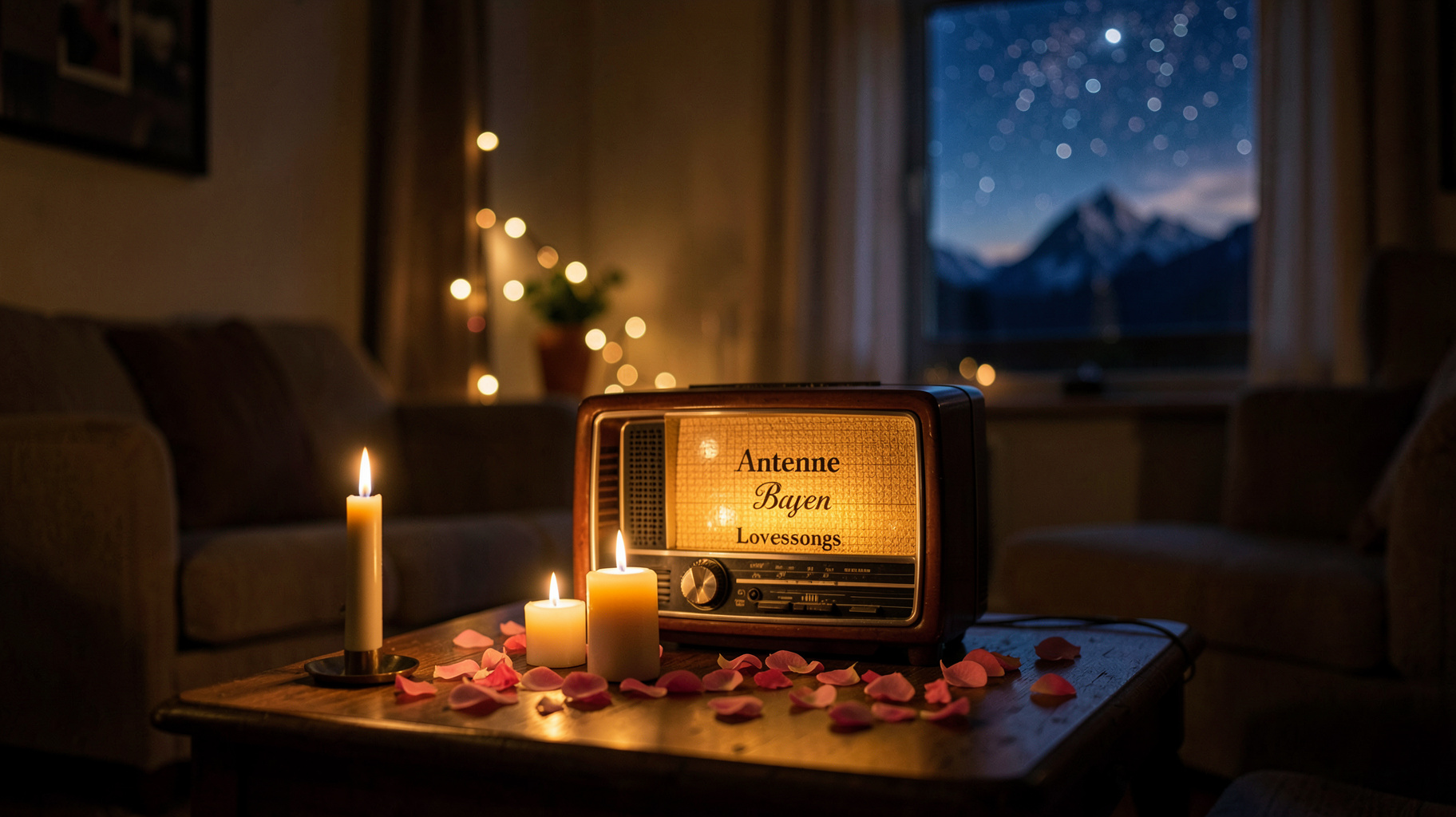 Cozy candlelit room with a vintage radio glowing beside the Bavarian Alps at night