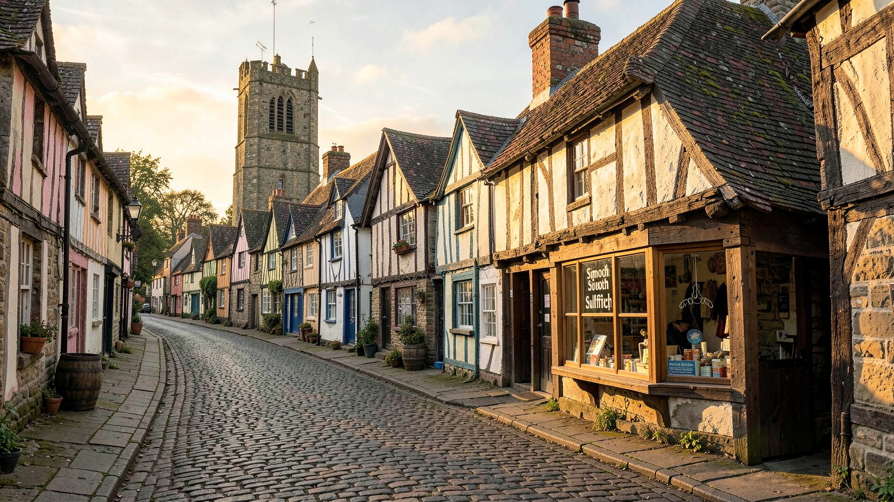 A medieval timber-framed wool town street in Suffolk at golden hour with a shop sign reading Smooth Suffolk