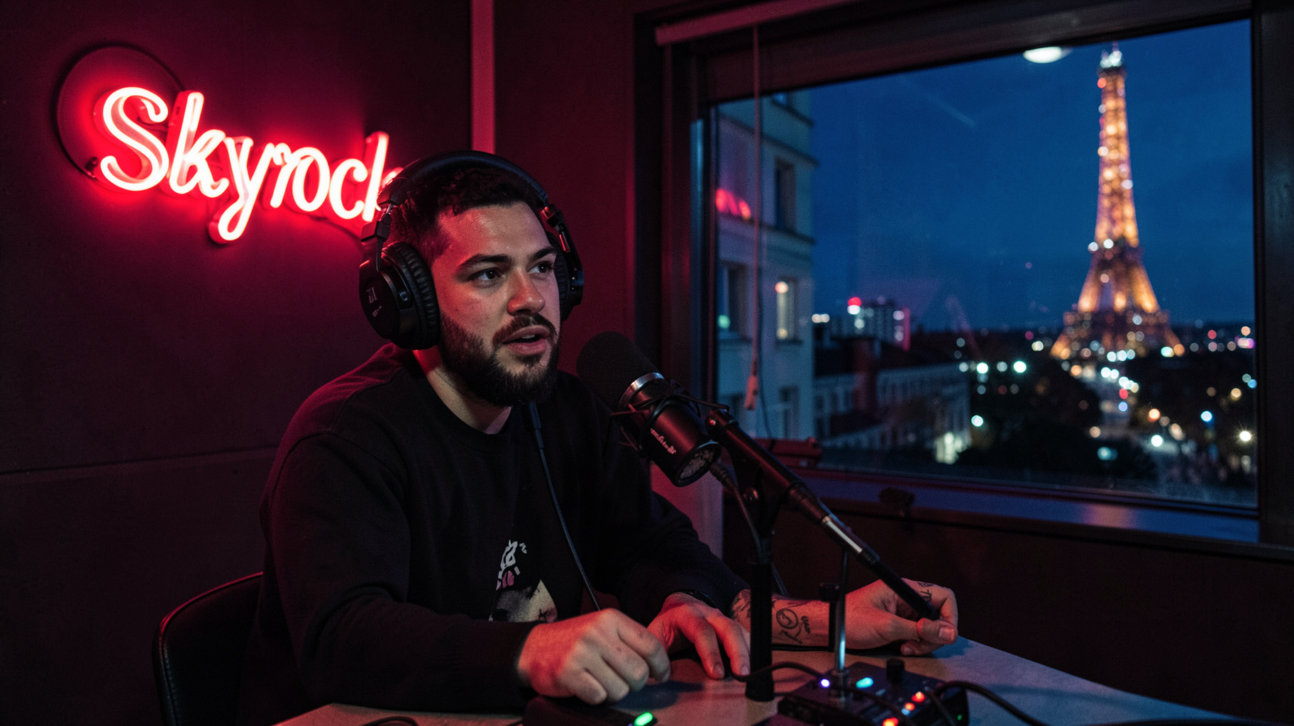 A French rap radio studio at night with the Eiffel Tower visible through the window