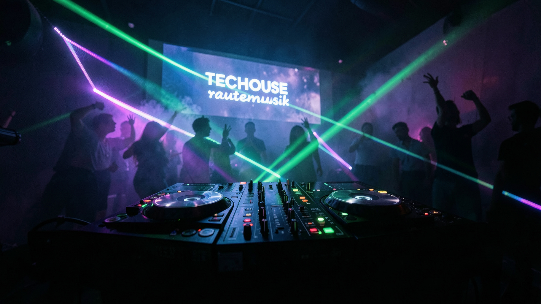 DJ decks in a dark club with laser beams and a screen reading TECHHOUSE rautemusik