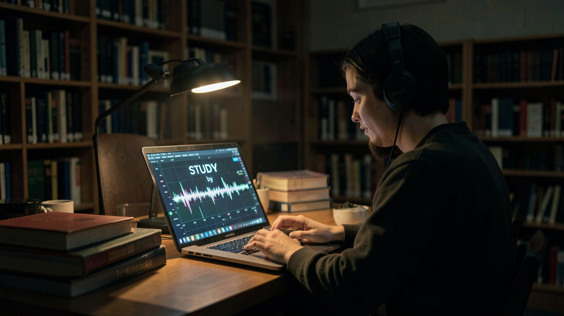 A student wearing headphones in a quiet university library at night with a laptop showing STUDY by rautemusik