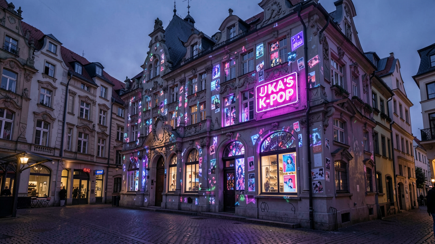 A German spa town square with Art Nouveau architecture lit up in K-pop style neon and a sign reading JUKA'S K-POP
