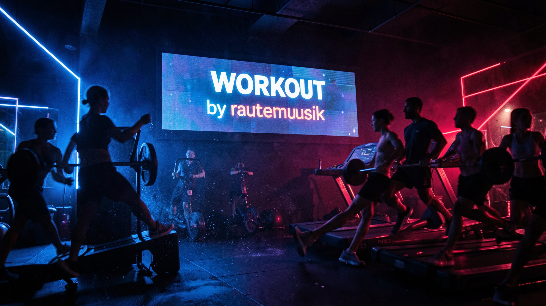 A high-energy gym at night with a screen reading WORKOUT by rautemusik
