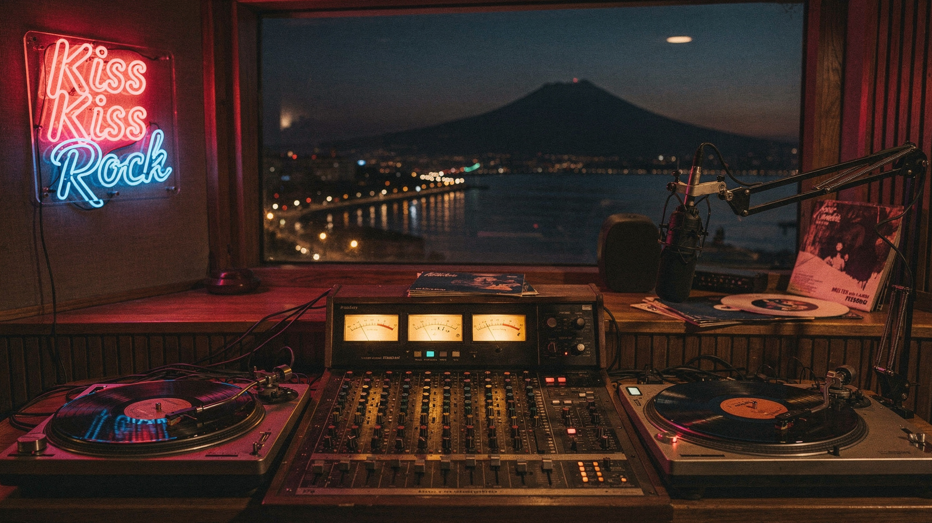 A retro radio studio at night in Naples with a neon sign reading Kiss Kiss Rock and the Bay of Naples visible through the window, inspired by Radio Kiss Kiss Rock