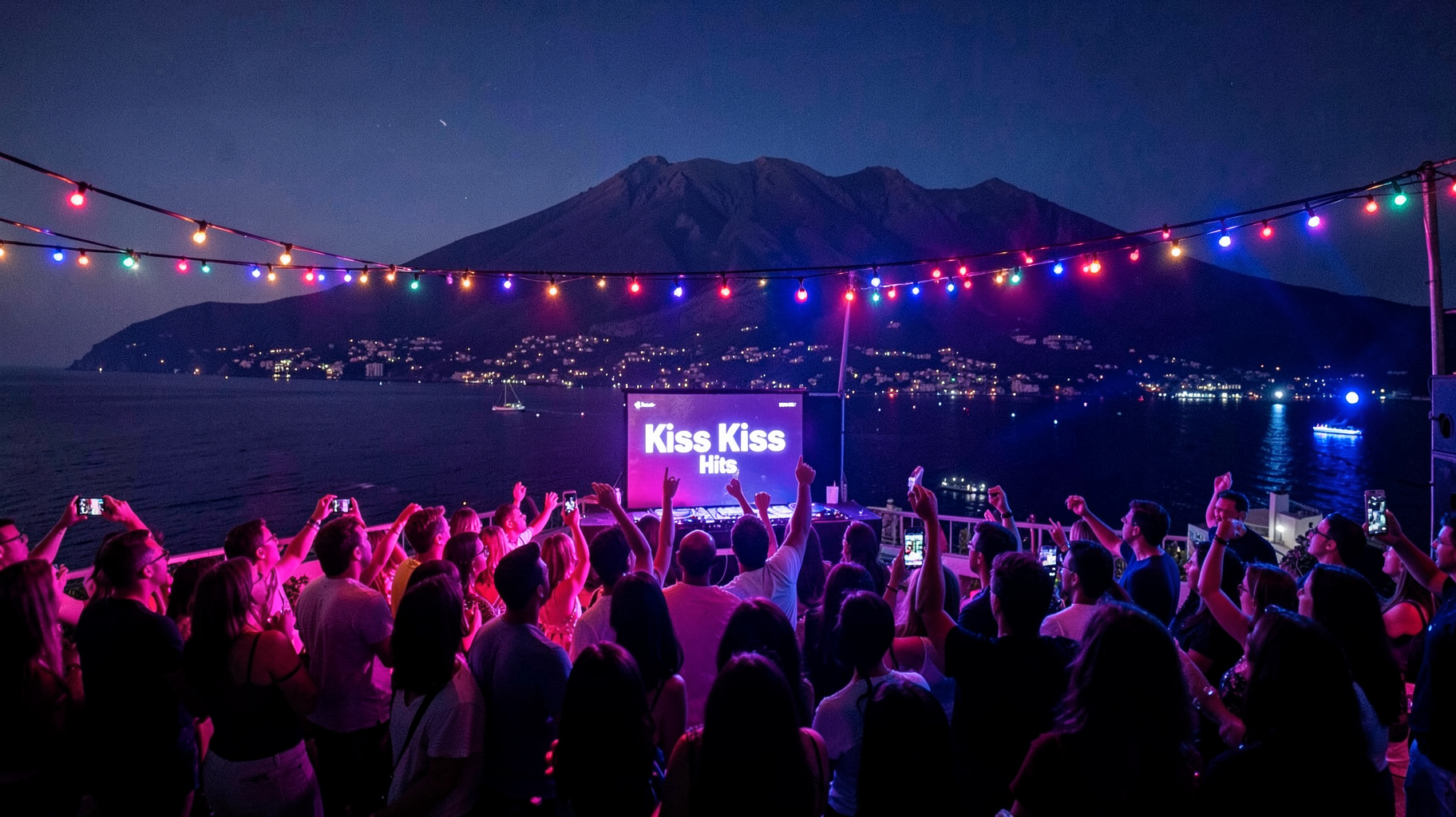 A vibrant Naples rooftop party at night with a DJ booth screen reading Kiss Kiss Hits and the Bay of Naples behind it