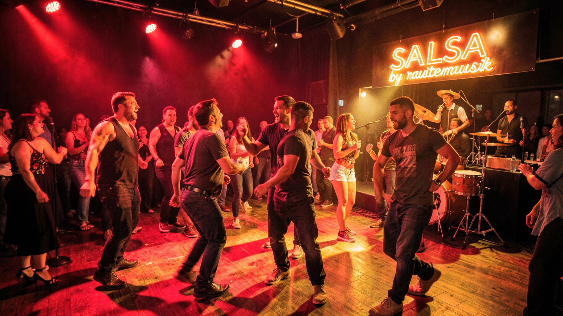 A vibrant salsa dance floor at a Latin club with a neon sign reading SALSA by rautemusik